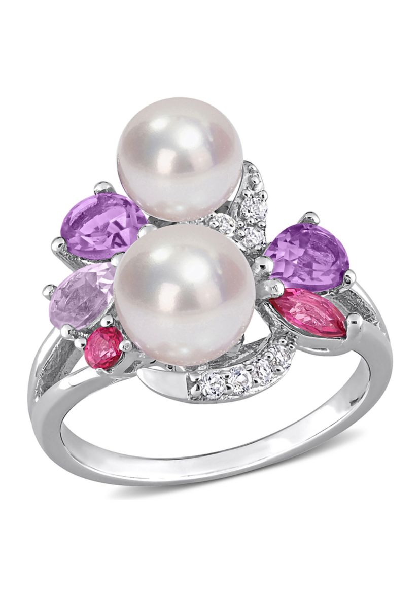Cultured Freshwater Pearl and 1 3/8 CT TGW Multi-Gemstone Cocktail Ring in Sterling Silver