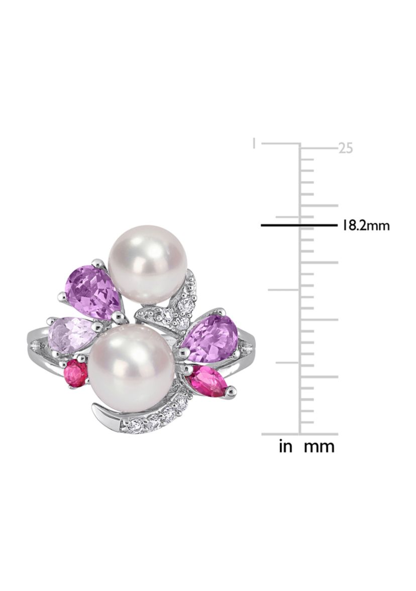 Cultured Freshwater Pearl and 1 3/8 CT TGW Multi-Gemstone Cocktail Ring in Sterling Silver