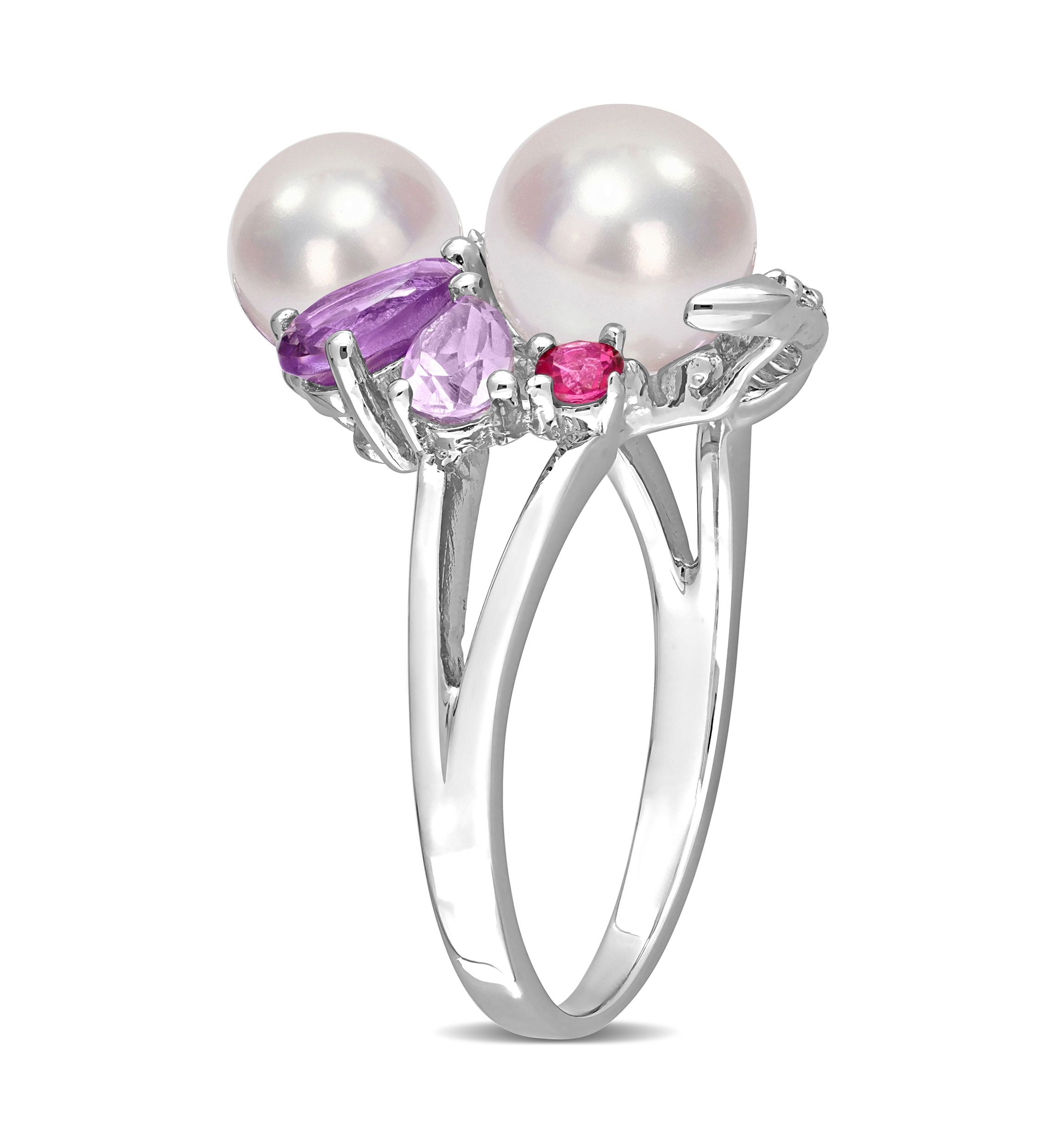 Cultured Freshwater Pearl and 1 3/8 CT TGW Multi-Gemstone Cocktail Ring in Sterling Silver