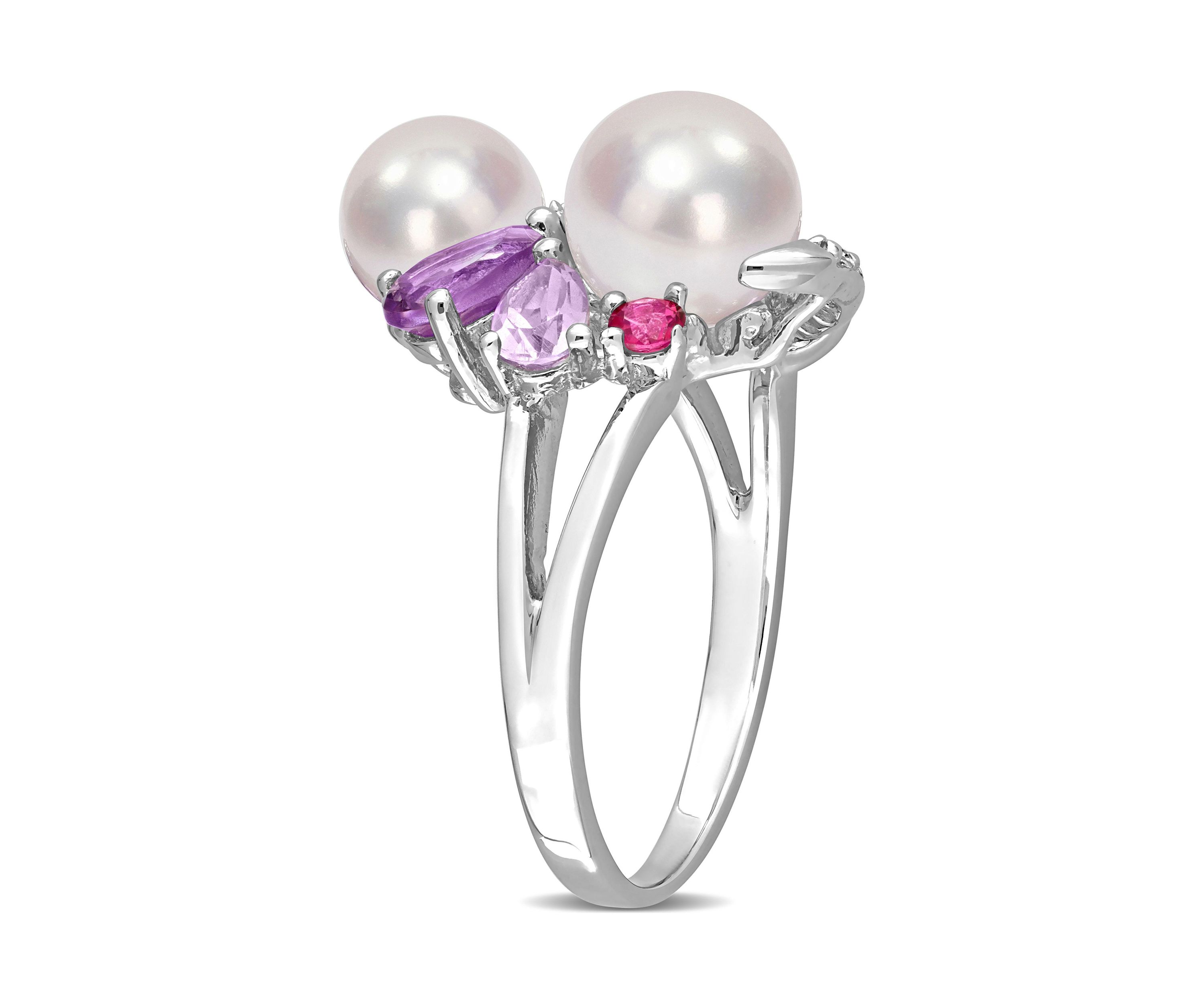 Cultured Freshwater Pearl and 1 3/8 CT TGW Multi-Gemstone Cocktail Ring in Sterling Silver