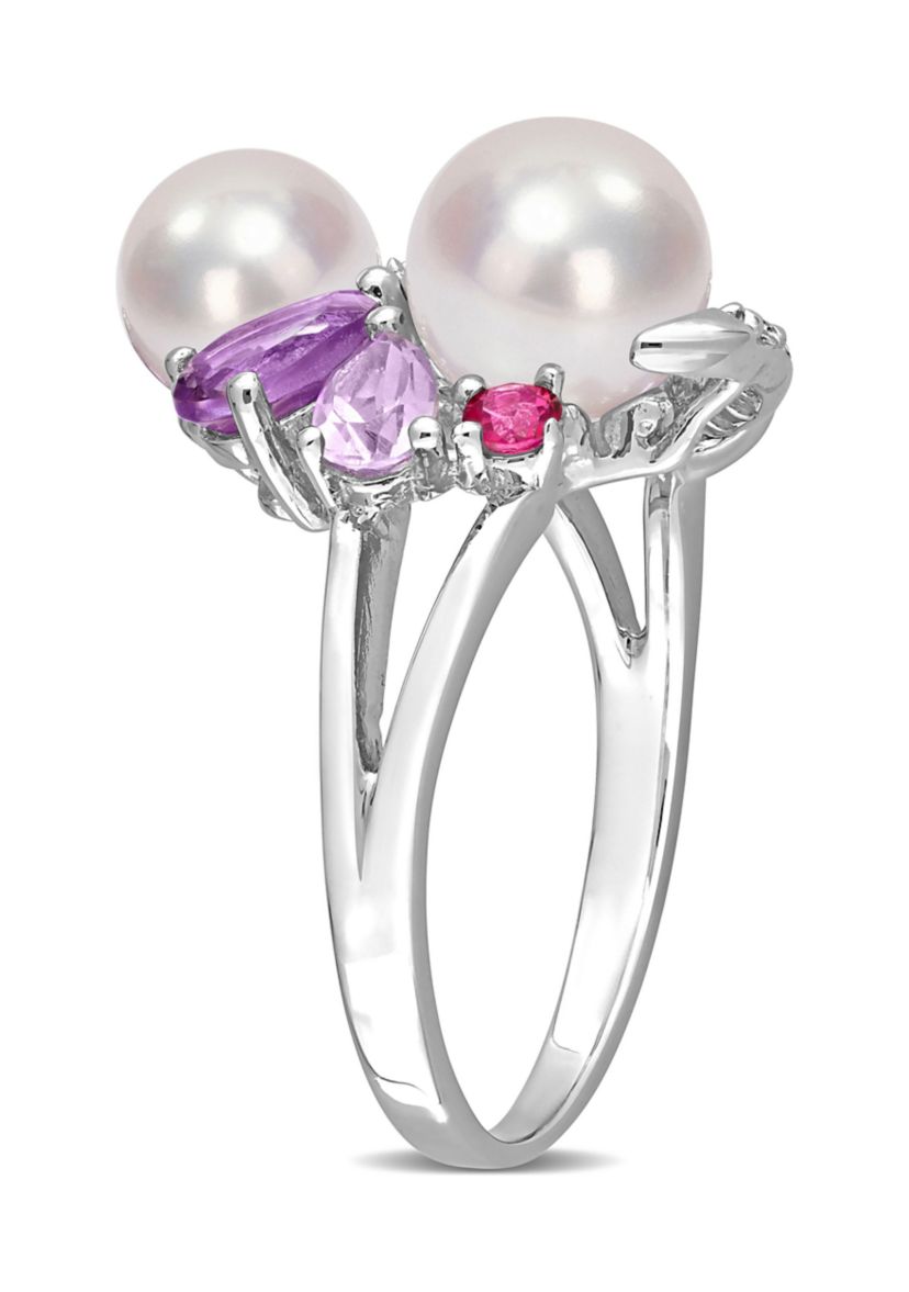 Cultured Freshwater Pearl and 1 3/8 CT TGW Multi-Gemstone Cocktail Ring in Sterling Silver