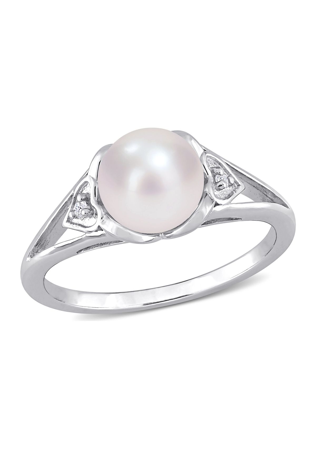 7-7.5mm Freshwater Cultured Pearl and Diamond Accent Split-Shank Ring in Sterling Silver