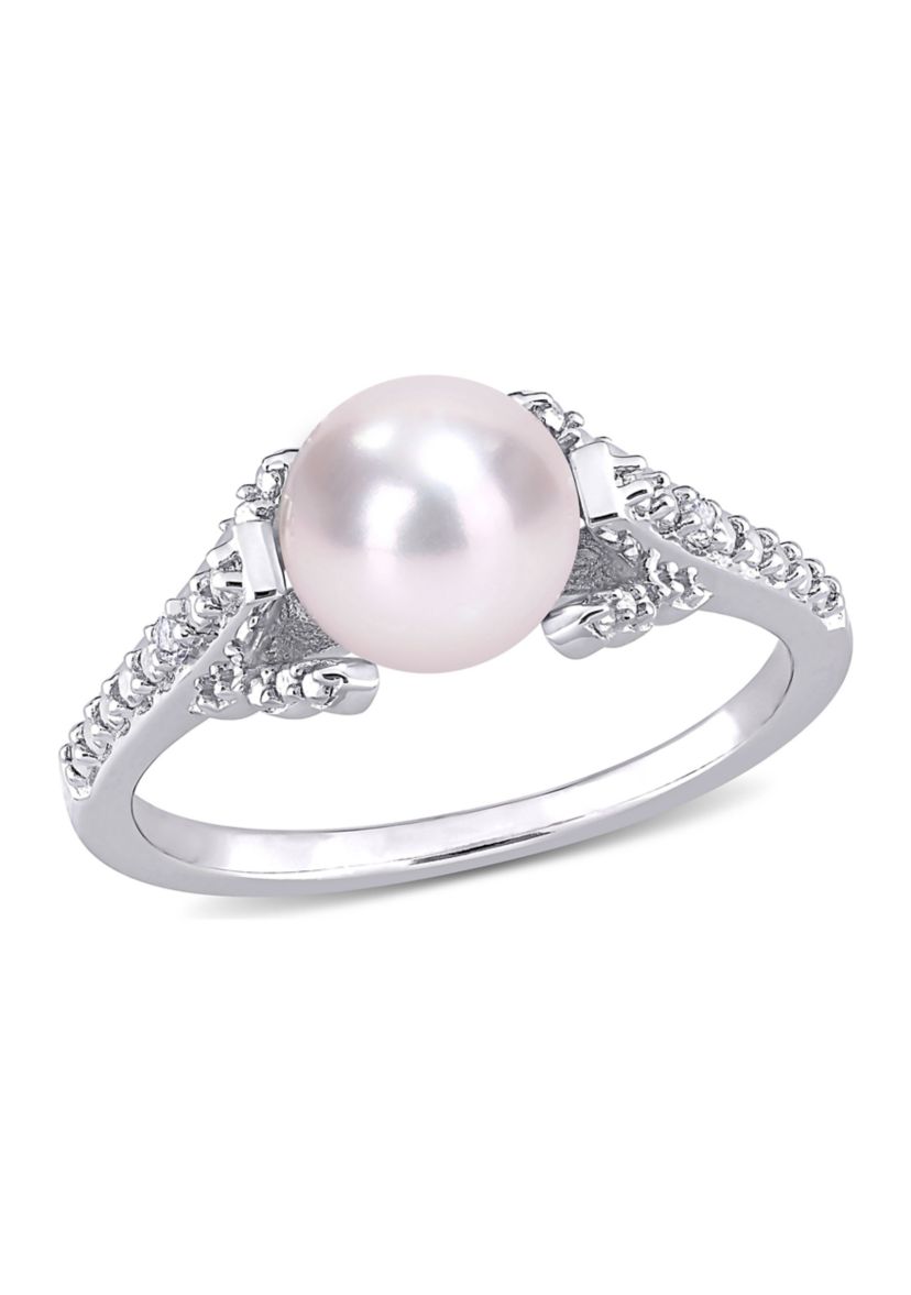 7-7.5mm Freshwater Cultured Pearl and Diamond Accent Vintage Ring in Sterling Silver
