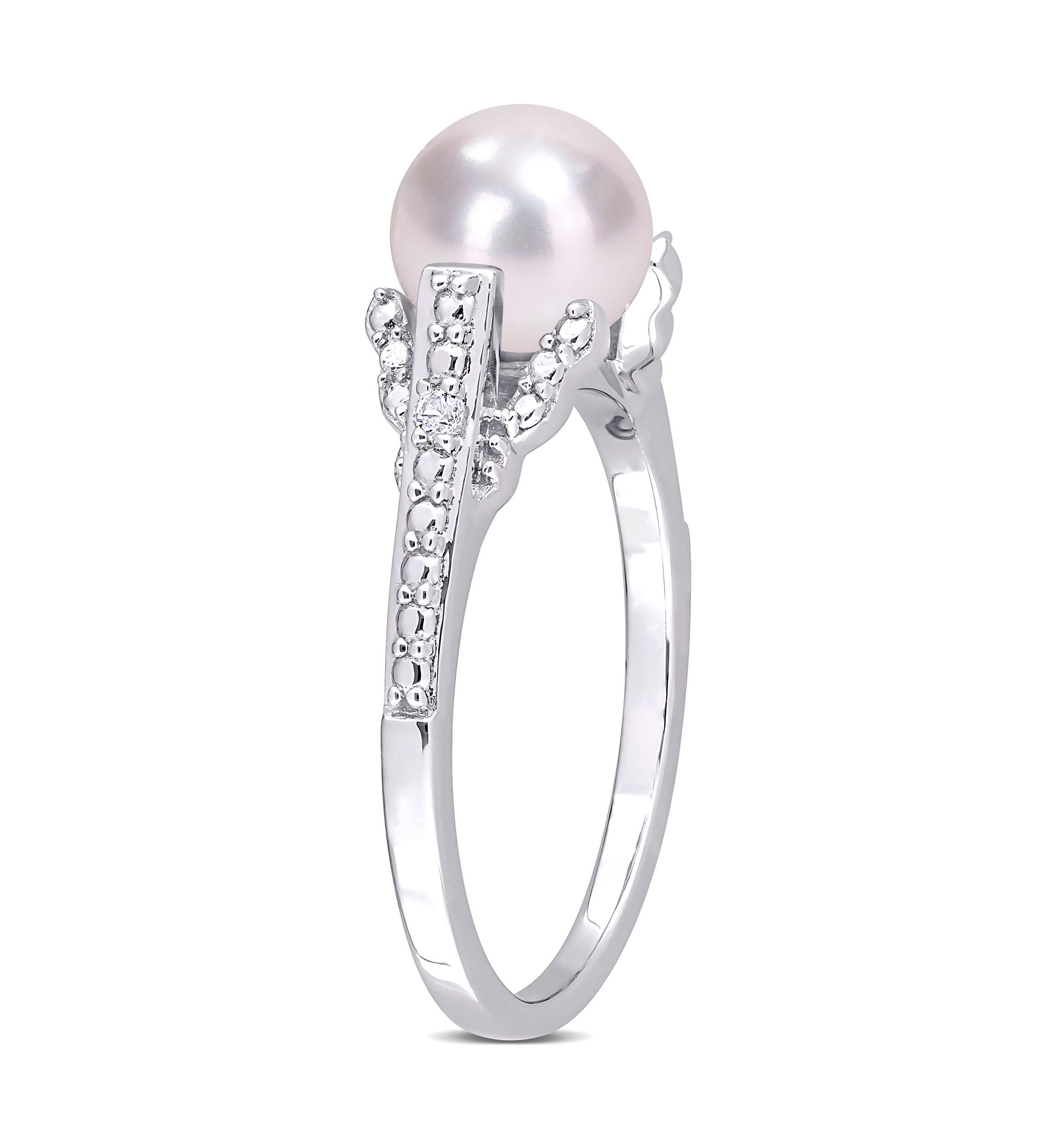 7-7.5mm Freshwater Cultured Pearl and Diamond Accent Vintage Ring in Sterling Silver