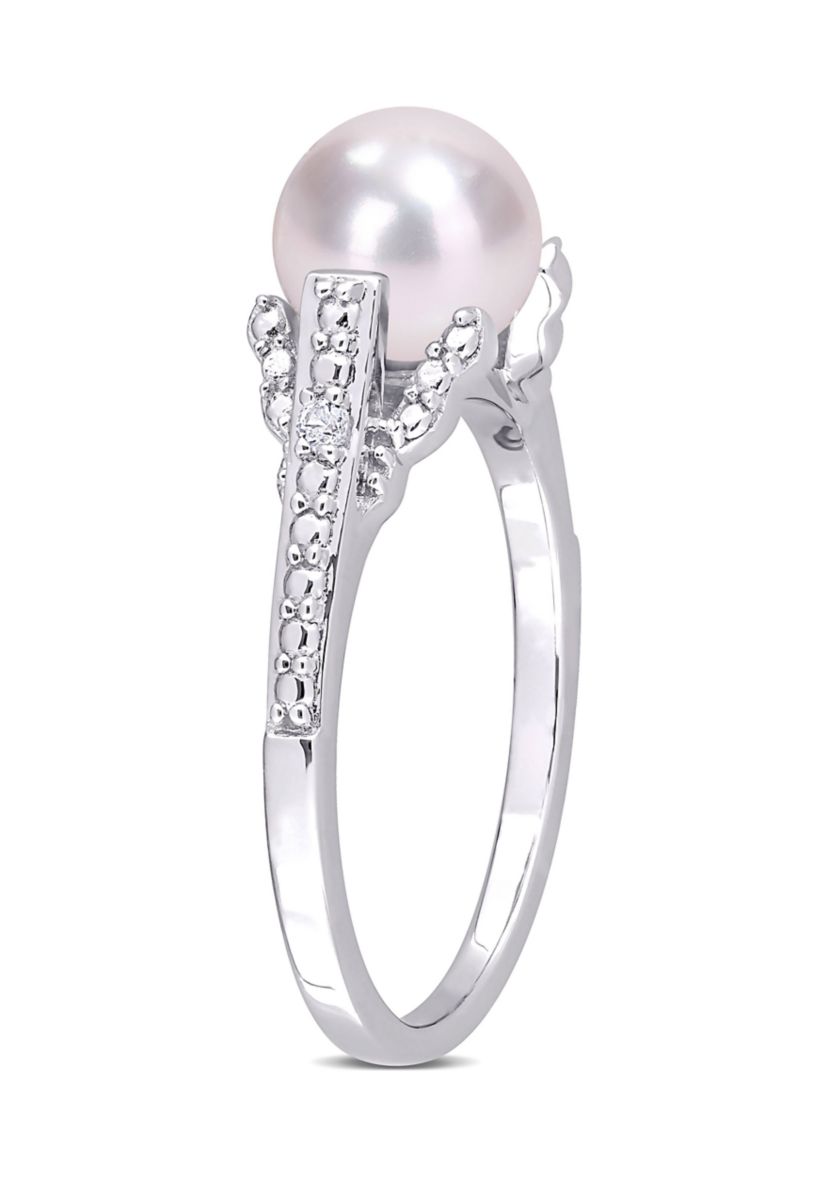 7-7.5mm Freshwater Cultured Pearl and Diamond Accent Vintage Ring in Sterling Silver