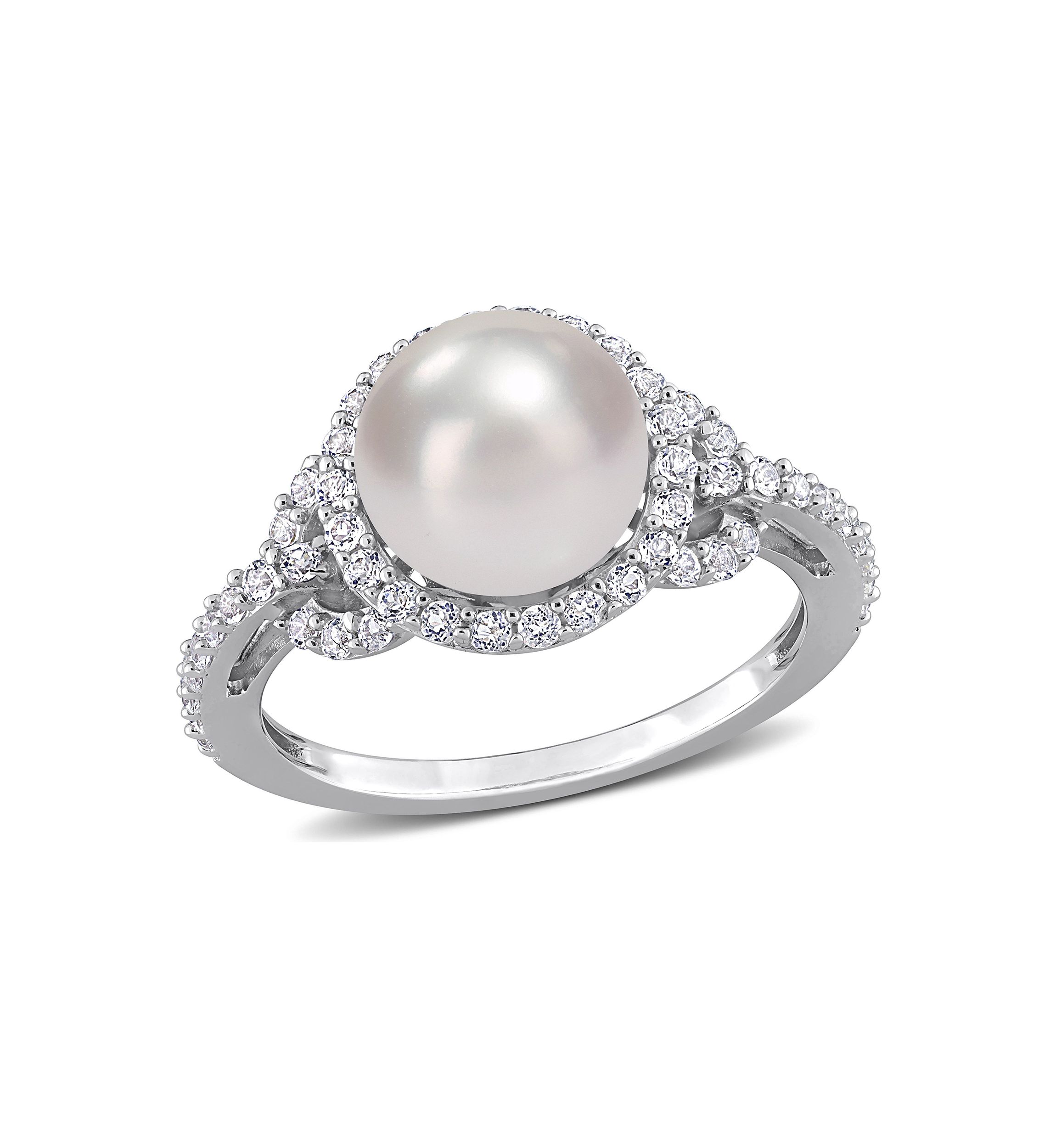 8.5-9mm Cultured Freshwater Pearl and 3/4 CT TGW White Topaz Halo Ring in Sterling Silver