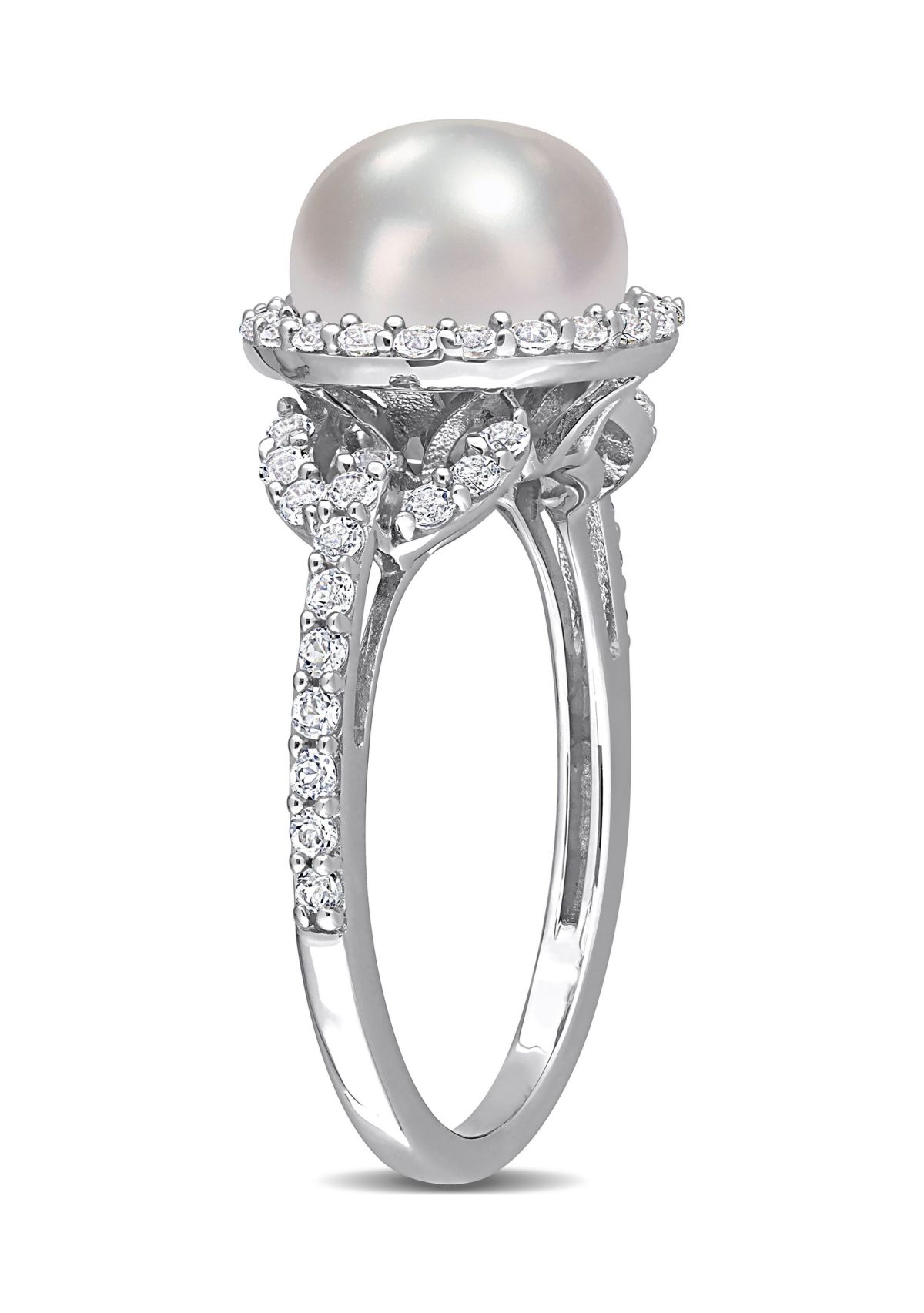 8.5-9mm Cultured Freshwater Pearl and 3/4 CT TGW White Topaz Halo Ring in Sterling Silver