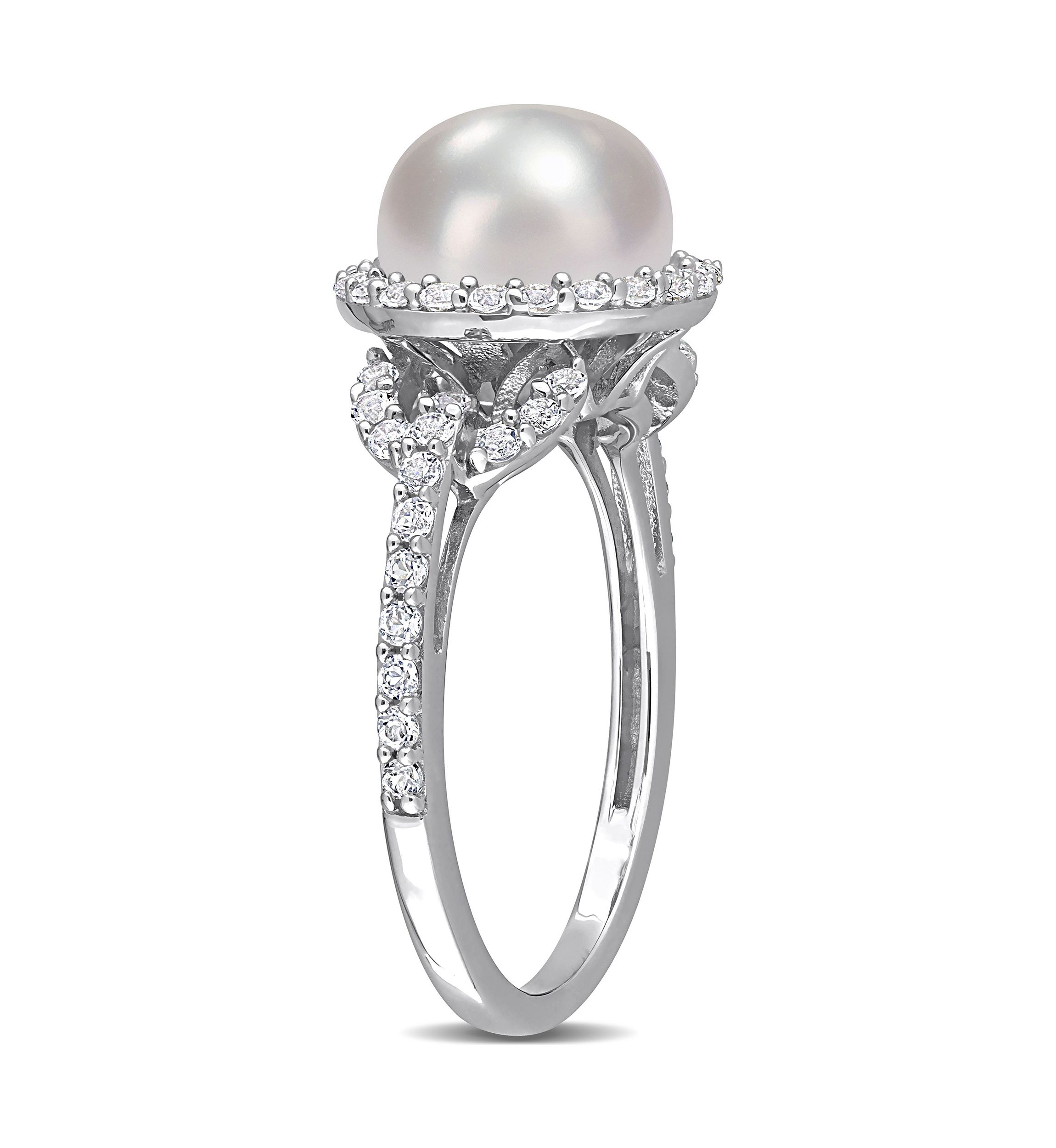 8.5-9mm Cultured Freshwater Pearl and 3/4 CT TGW White Topaz Halo Ring in Sterling Silver