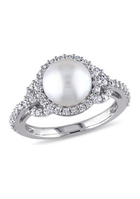 Haylee Jewels 8.5 - 9 MM White Cultured Freshwater Pearl and Cubic Zirconia Halo Ring in Sterling Silver, 6