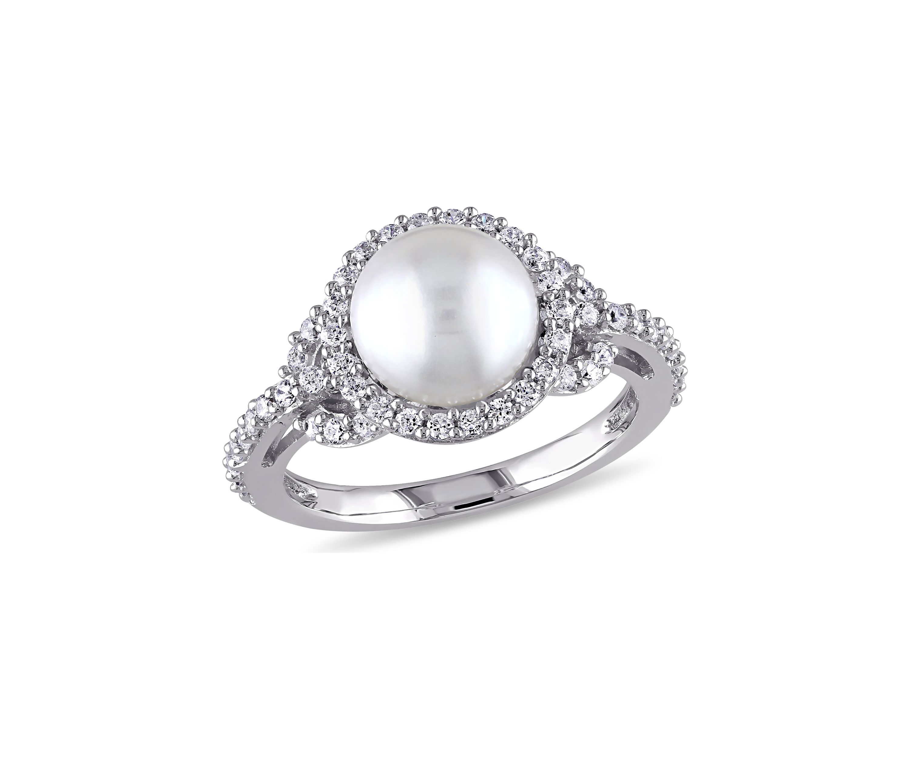 8.5 - 9 MM White Cultured Freshwater Pearl and Cubic Zirconia Halo Ring in Sterling Silver