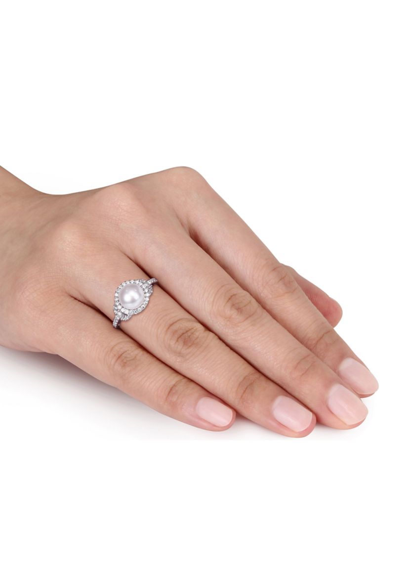 8.5 - 9 MM White Cultured Freshwater Pearl and Cubic Zirconia Halo Ring in Sterling Silver