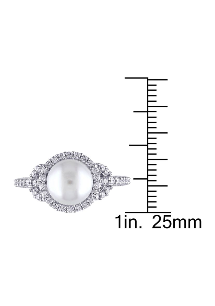 8.5 - 9 MM White Cultured Freshwater Pearl and Cubic Zirconia Halo Ring in Sterling Silver