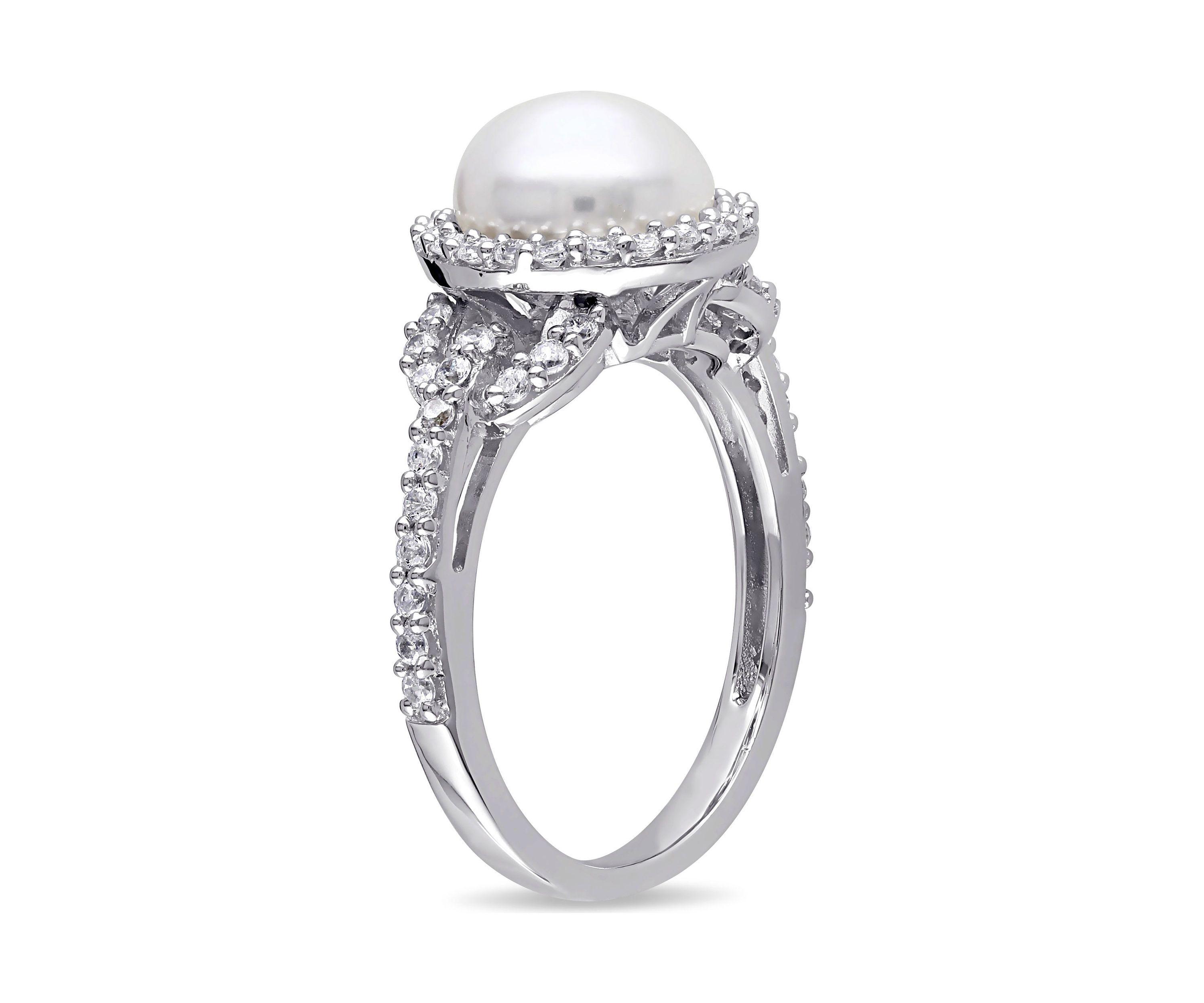 8.5 - 9 MM White Cultured Freshwater Pearl and Cubic Zirconia Halo Ring in Sterling Silver
