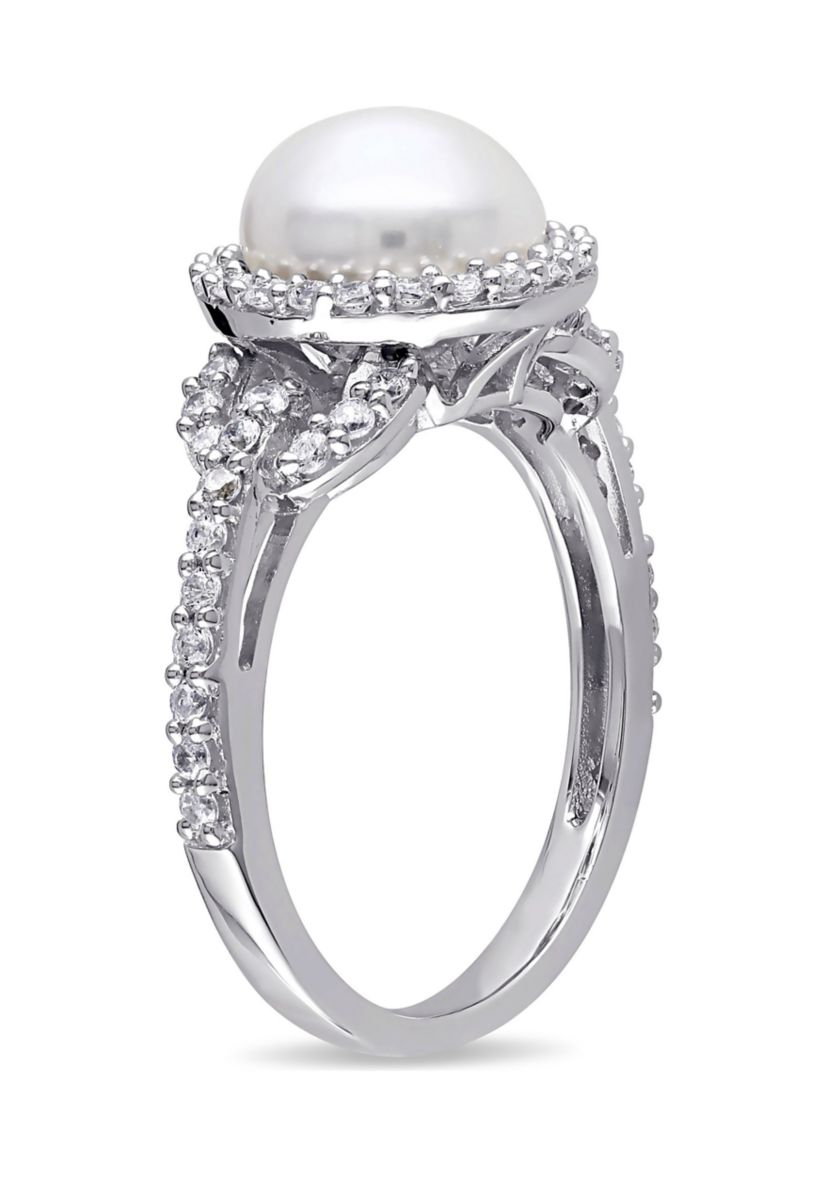 8.5 - 9 MM White Cultured Freshwater Pearl and Cubic Zirconia Halo Ring in Sterling Silver