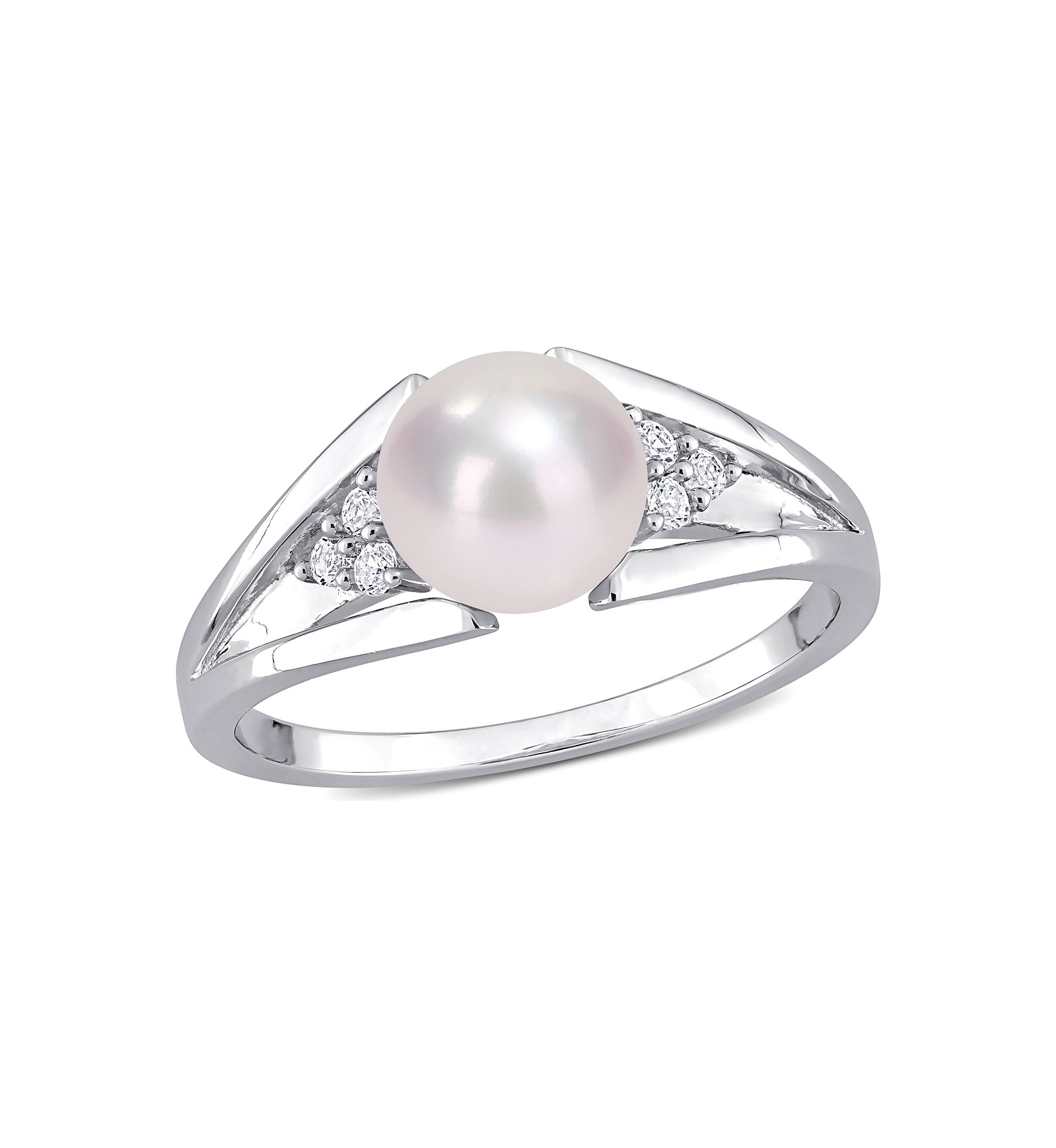 7-7.5mm Freshwater Cultured Pearl and Diamond Accent Split-Shank Ring in Sterling Silver