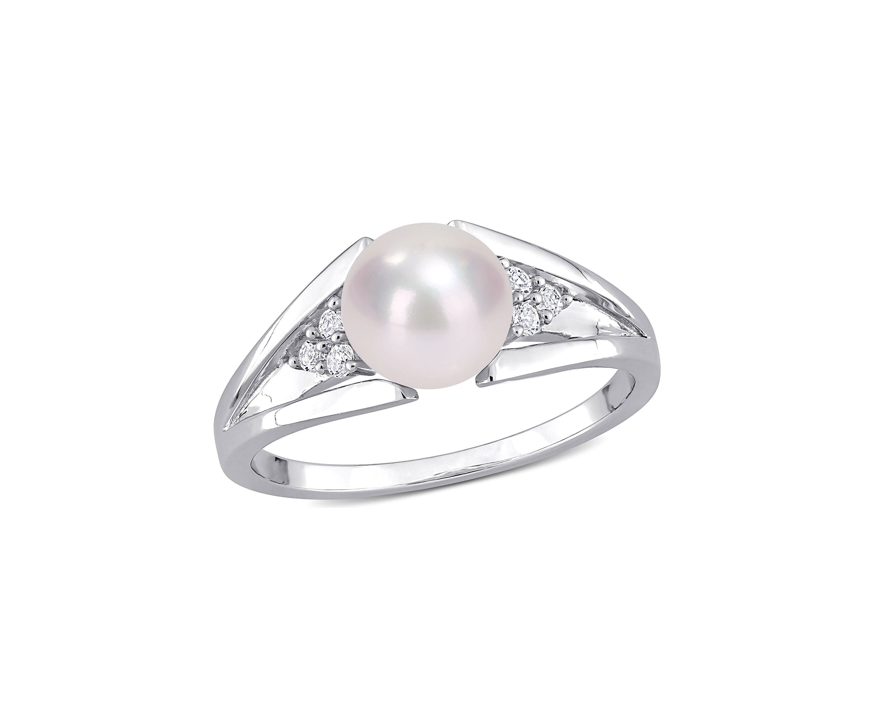 7-7.5mm Freshwater Cultured Pearl and Diamond Accent Split-Shank Ring in Sterling Silver