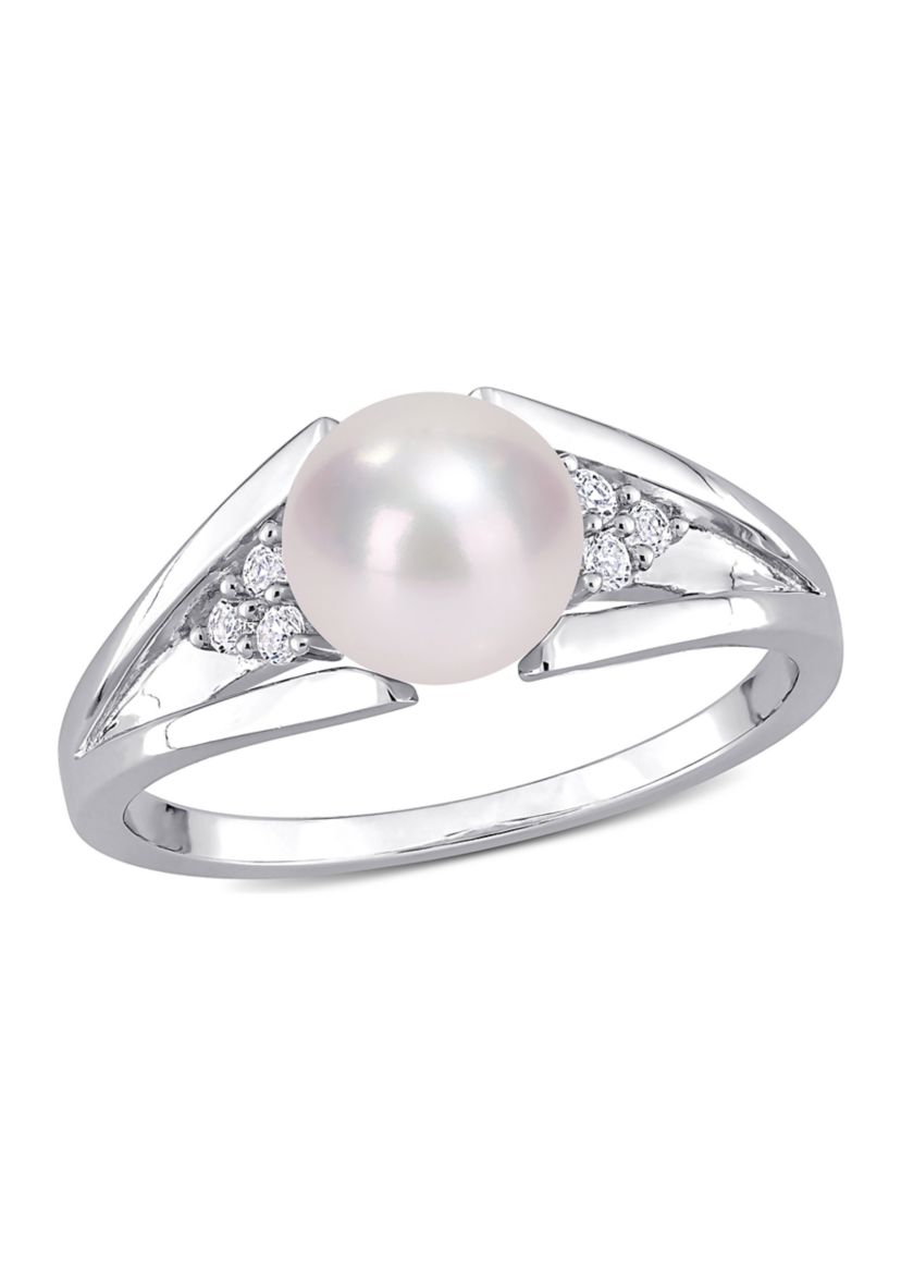 7-7.5mm Freshwater Cultured Pearl and Diamond Accent Split-Shank Ring in Sterling Silver