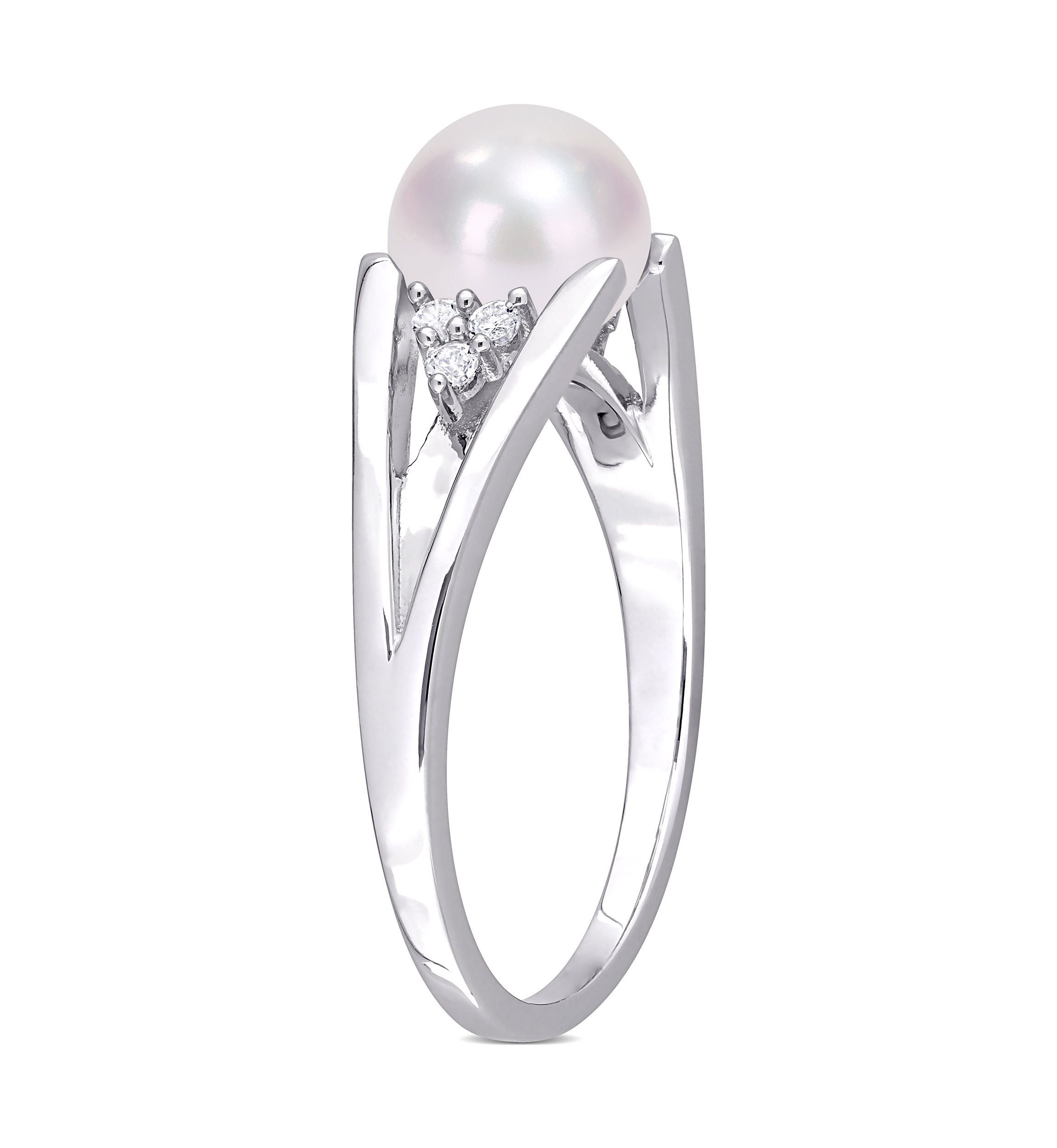 7-7.5mm Freshwater Cultured Pearl and Diamond Accent Split-Shank Ring in Sterling Silver