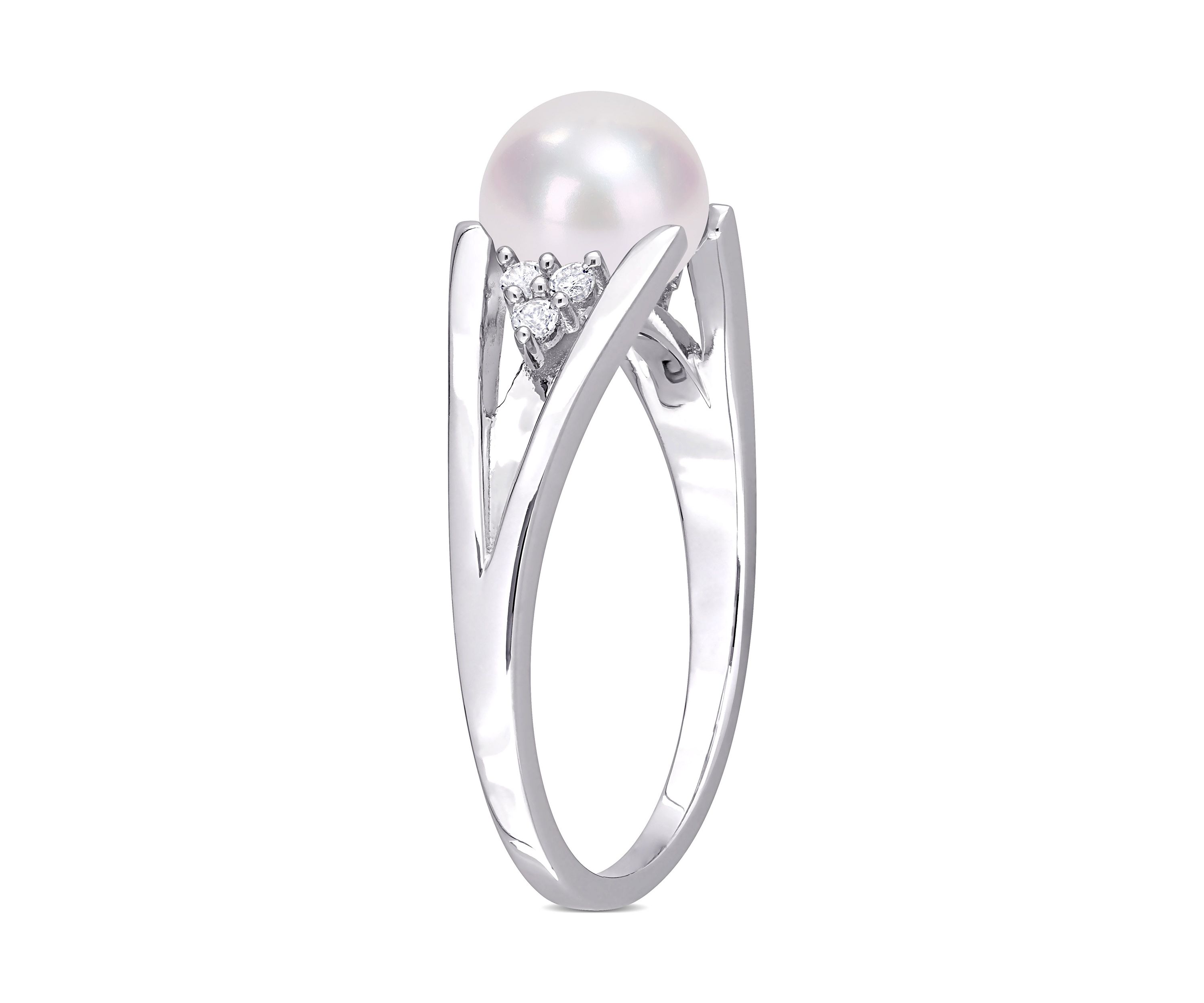 7-7.5mm Freshwater Cultured Pearl and Diamond Accent Split-Shank Ring in Sterling Silver