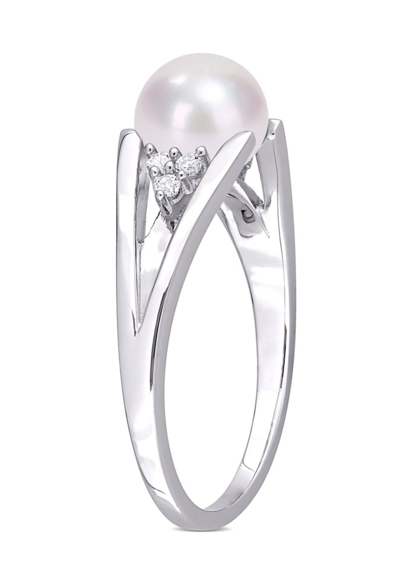 7-7.5mm Freshwater Cultured Pearl and Diamond Accent Split-Shank Ring in Sterling Silver