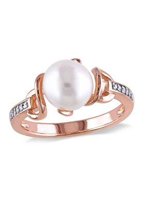 Belk & Co 8 MM White Cultured Freshwater Pearl and Diamond Solitaire Twist Ring in Rose Plated Sterling Silver, Pink