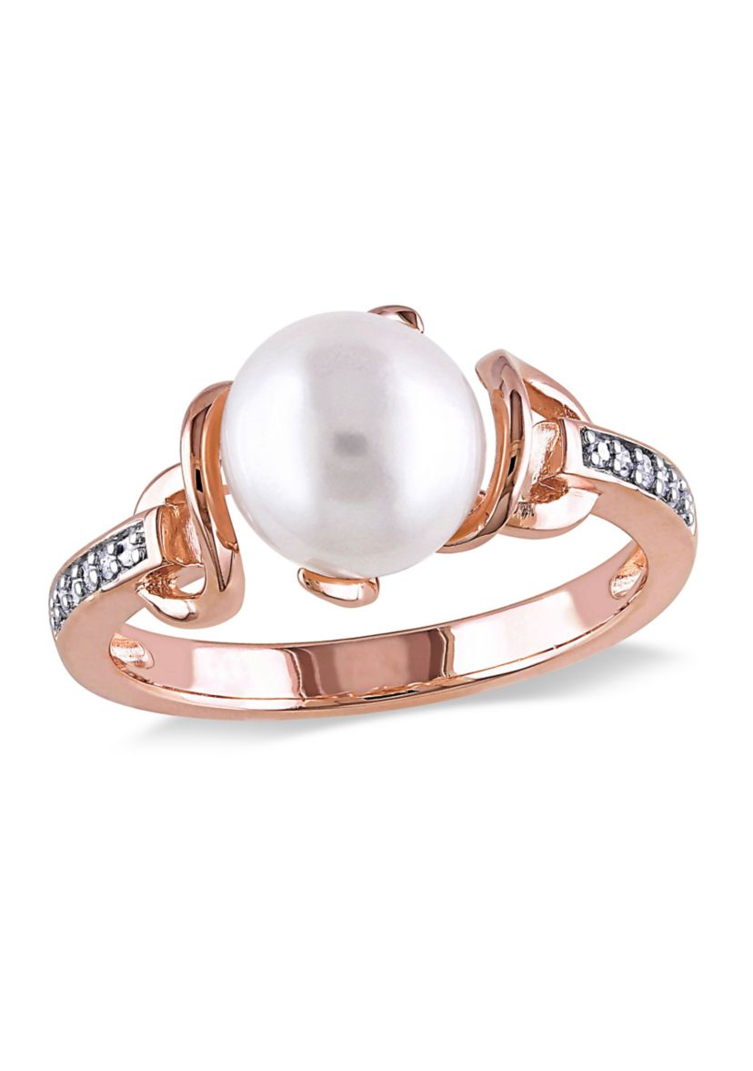 8 MM White Cultured Freshwater Pearl and Diamond Solitaire Twist Ring in Rose Plated Sterling Silver