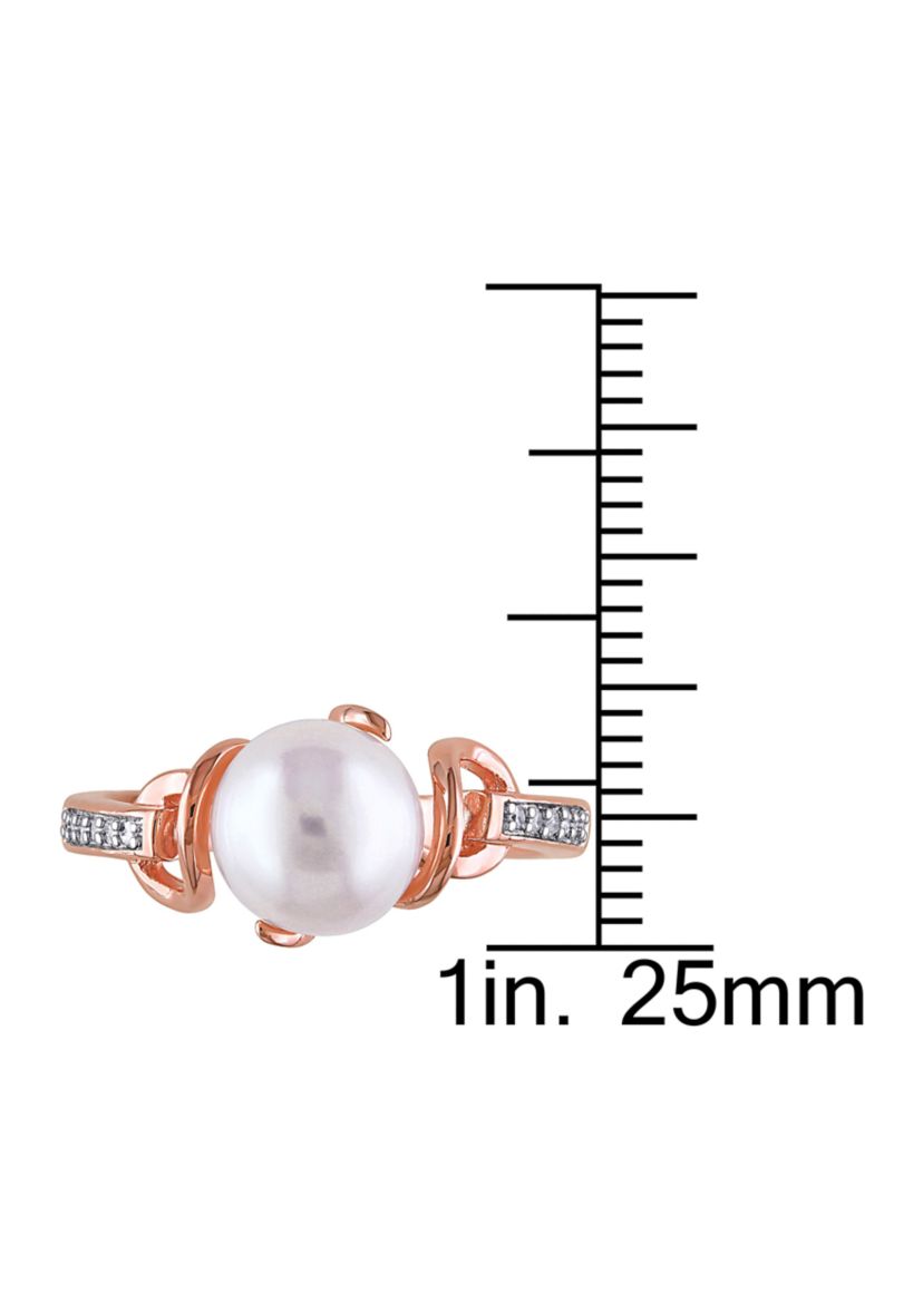 8 MM White Cultured Freshwater Pearl and Diamond Solitaire Twist Ring in Rose Plated Sterling Silver