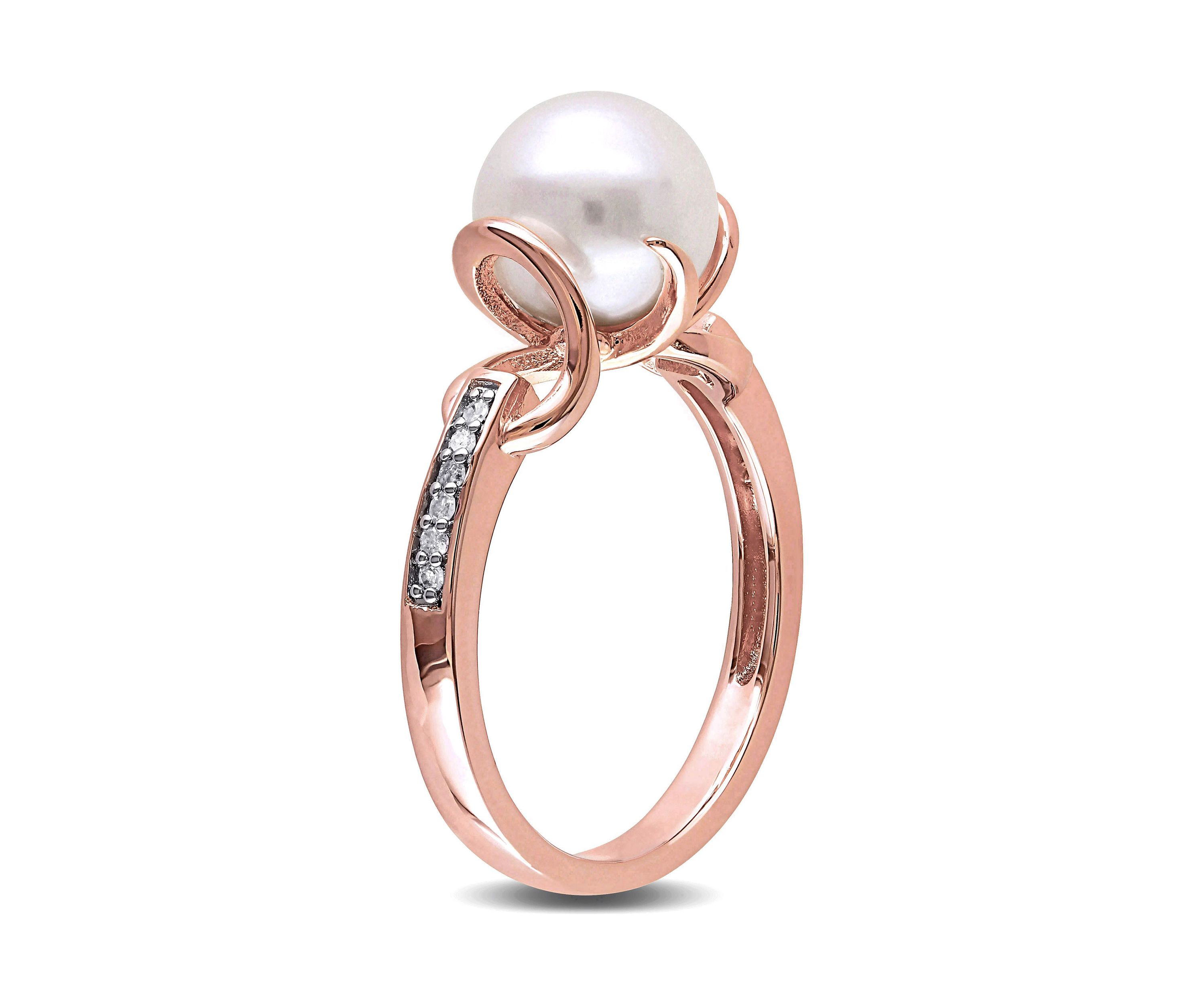 8 MM White Cultured Freshwater Pearl and Diamond Solitaire Twist Ring in Rose Plated Sterling Silver
