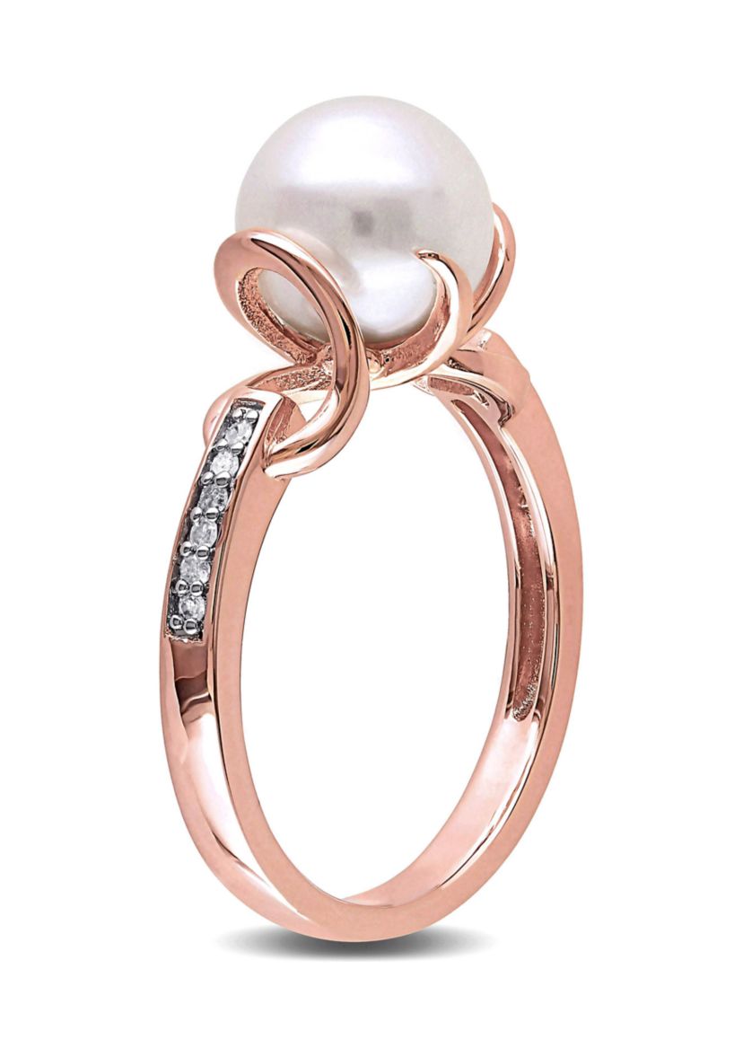 8 MM White Cultured Freshwater Pearl and Diamond Solitaire Twist Ring in Rose Plated Sterling Silver
