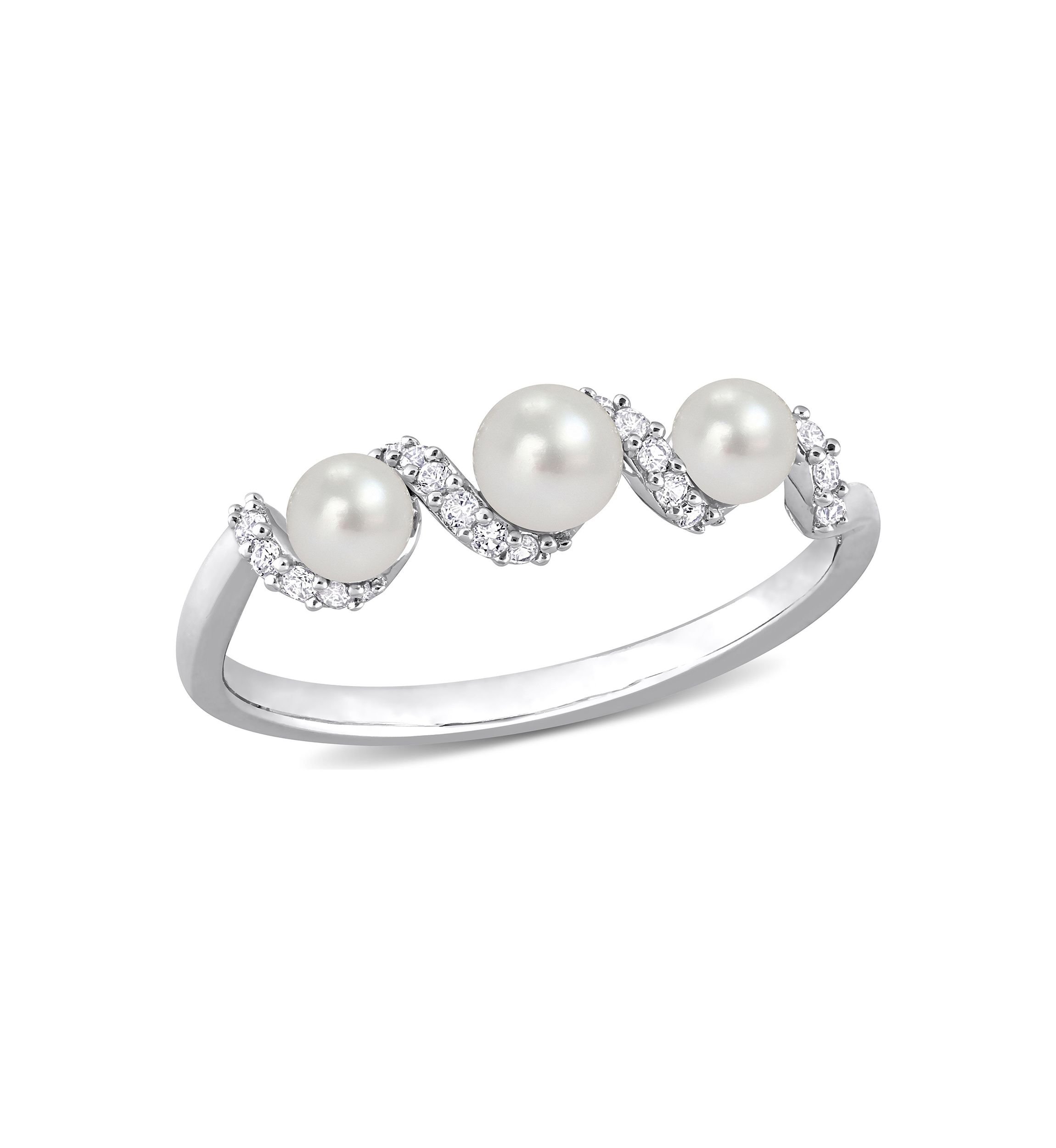 Lab Created Cultured Freshwater Pearl and 1/4 CT TGW Created White Sapphire Swirl Ring in Sterling Silver