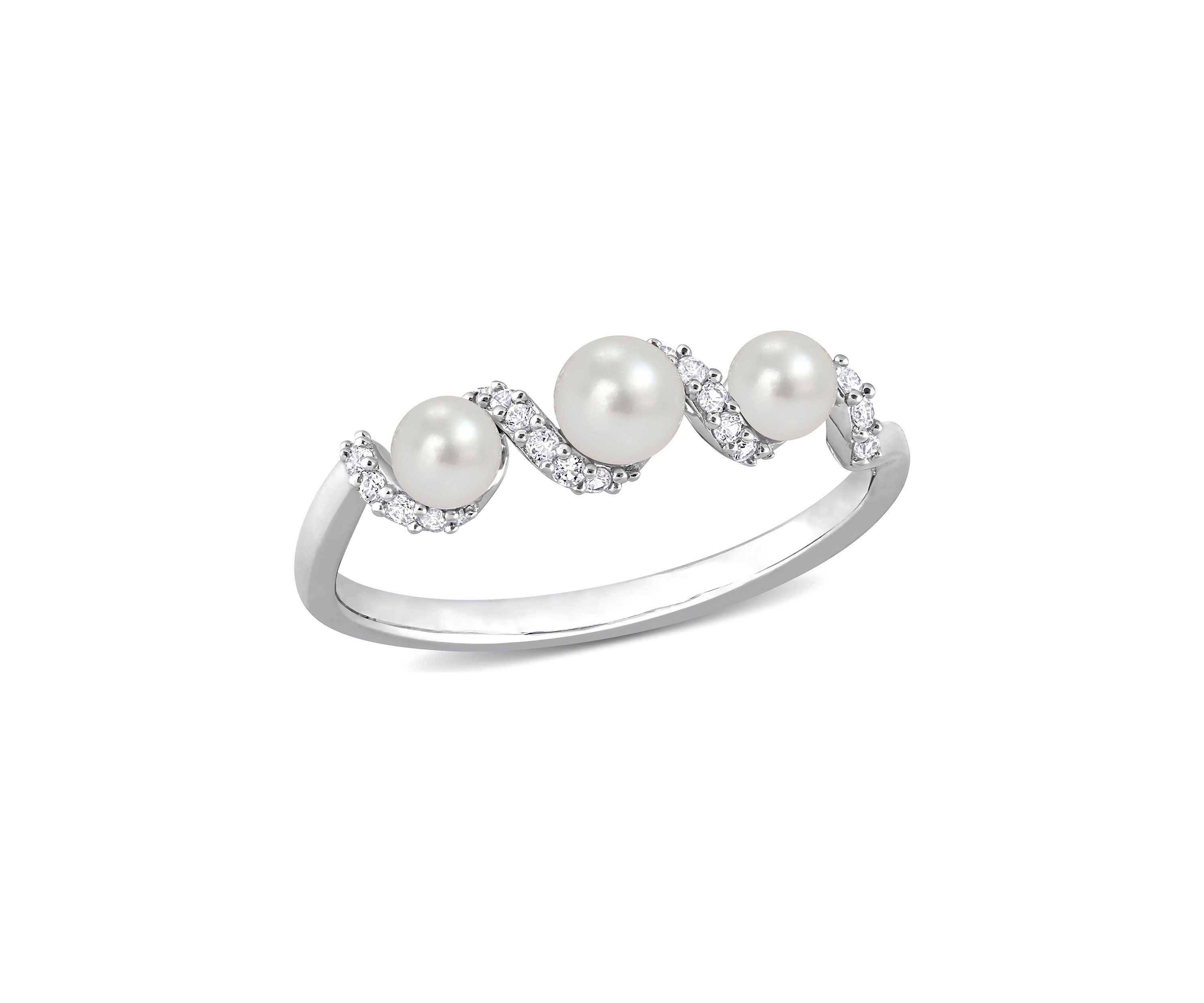 Lab Created Cultured Freshwater Pearl and 1/4 CT TGW Created White Sapphire Swirl Ring in Sterling Silver