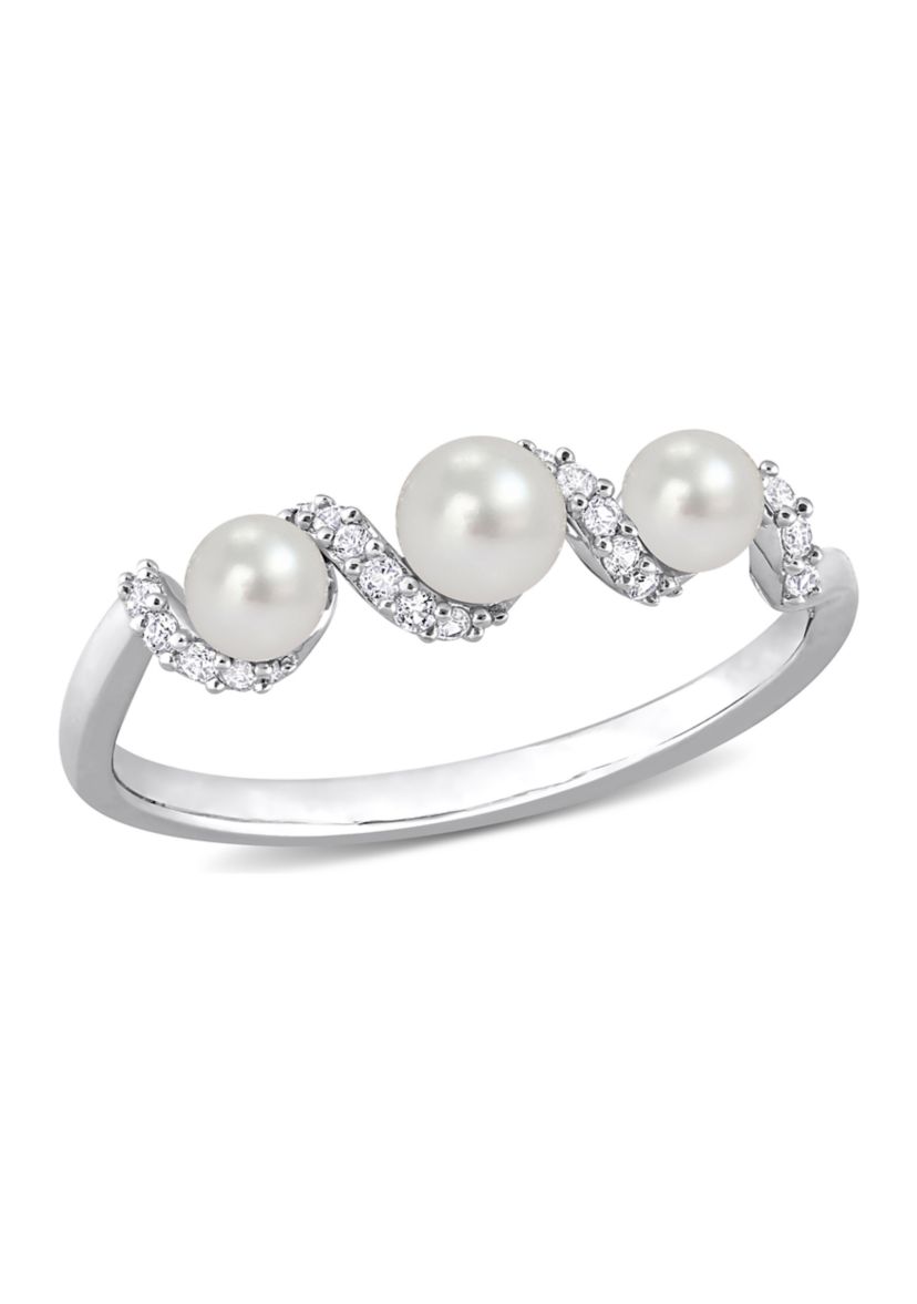 Lab Created Cultured Freshwater Pearl and 1/4 CT TGW Created White Sapphire Swirl Ring in Sterling Silver