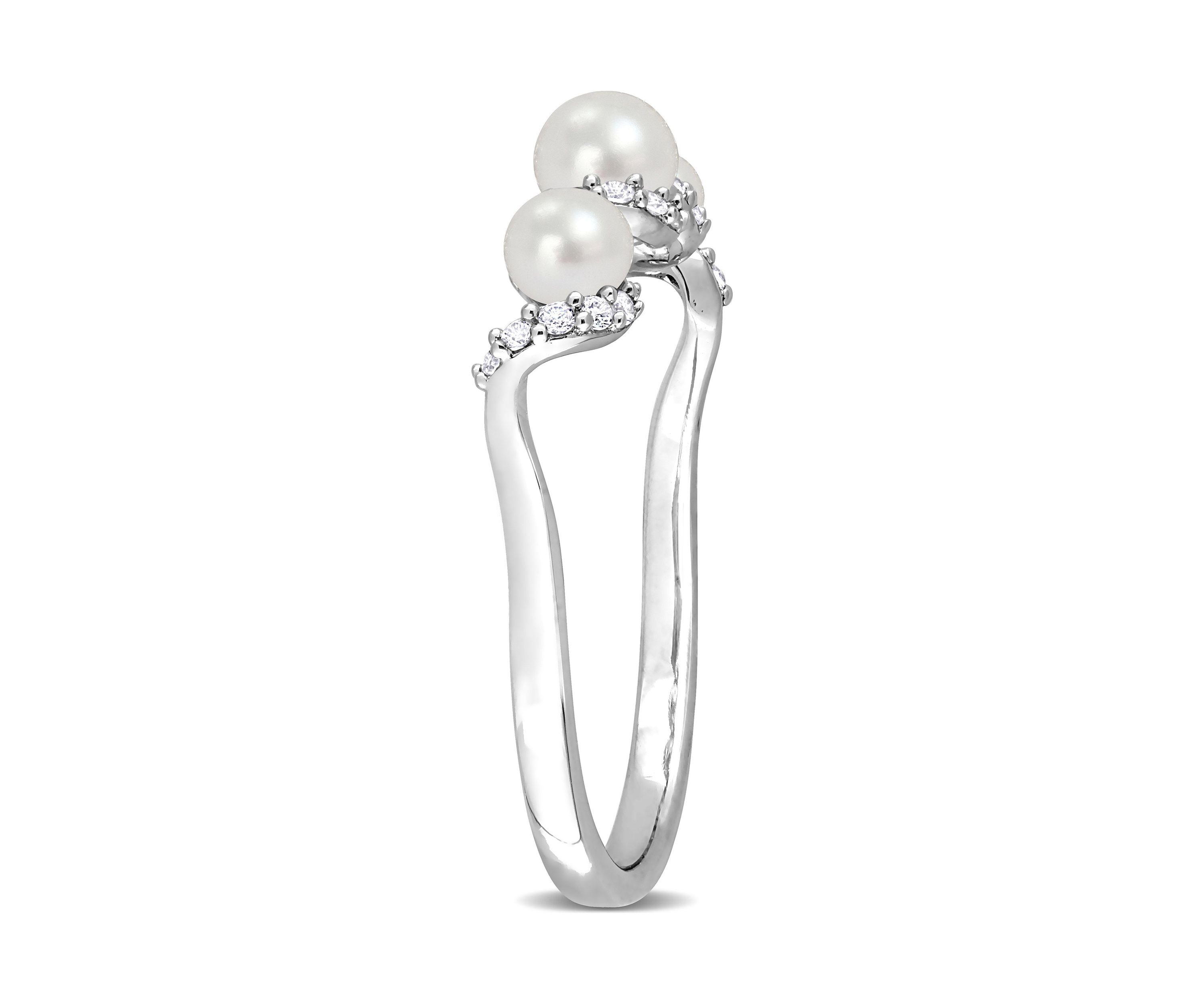 Lab Created Cultured Freshwater Pearl and 1/4 CT TGW Created White Sapphire Swirl Ring in Sterling Silver