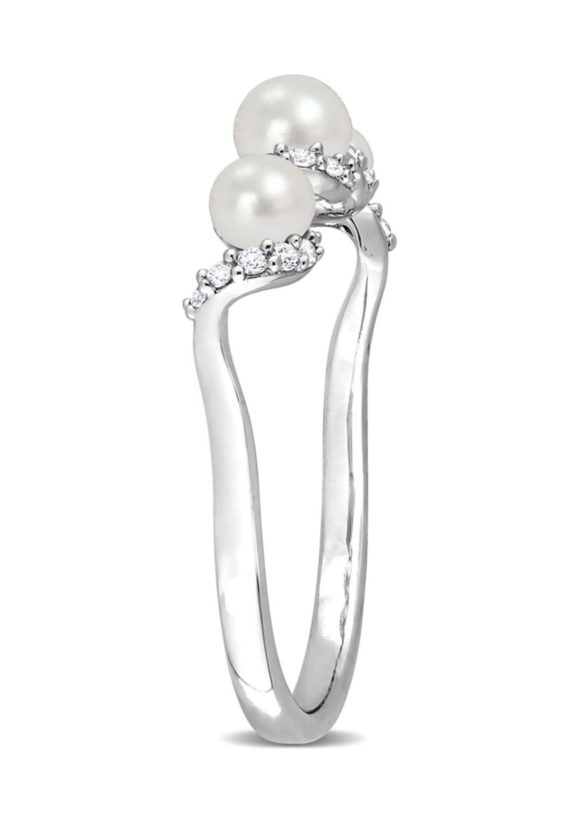 Lab Created Cultured Freshwater Pearl and 1/4 CT TGW Created White Sapphire Swirl Ring in Sterling Silver