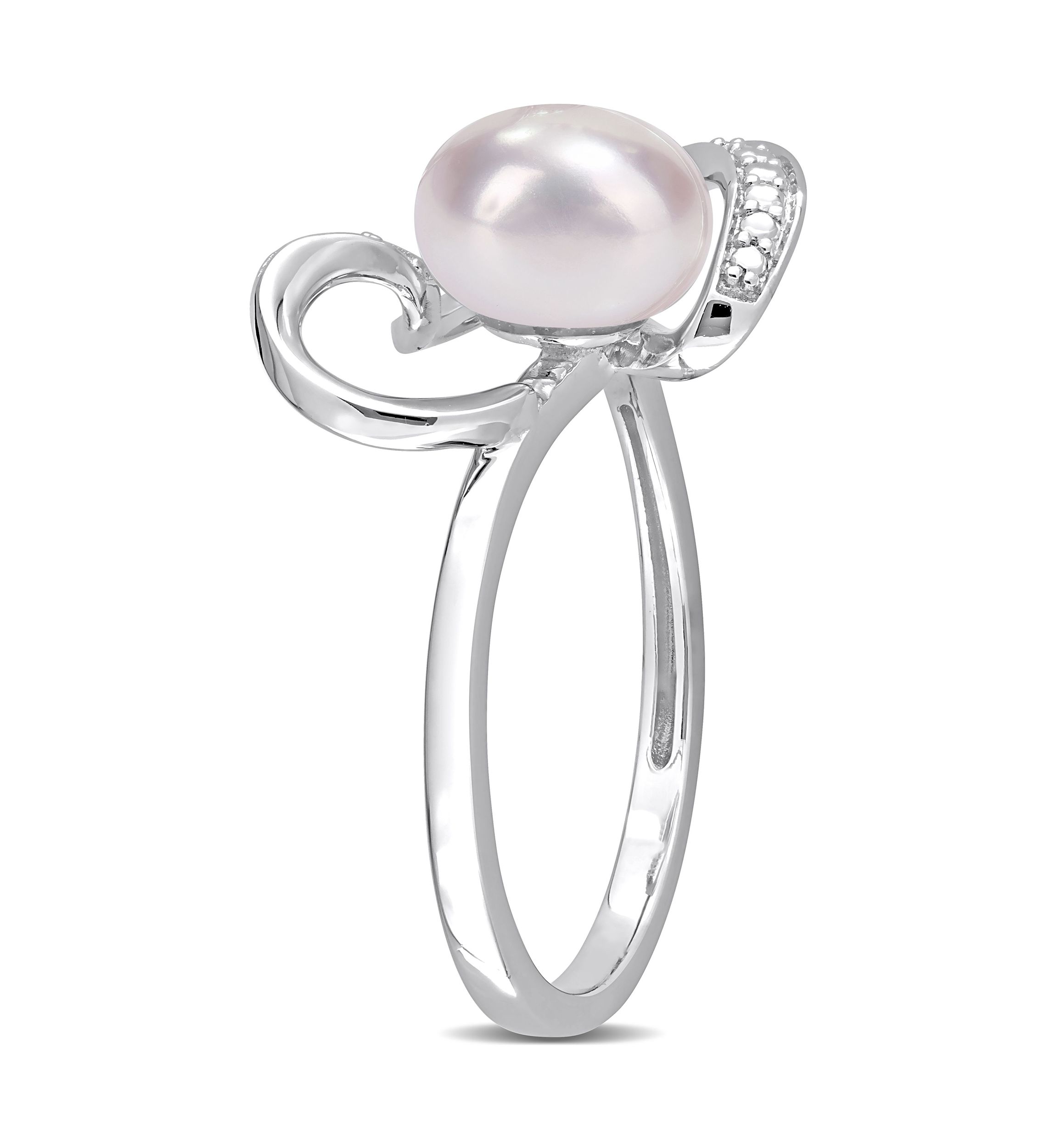 8-8.5mm Freshwater Cultured Pearl and Diamond Accent Heart Ring in Sterling Silver