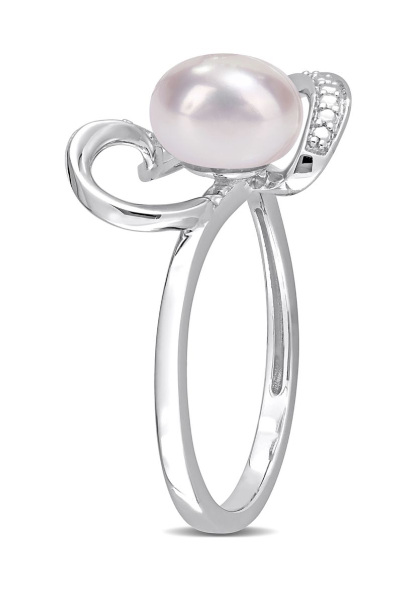 8-8.5mm Freshwater Cultured Pearl and Diamond Accent Heart Ring in Sterling Silver