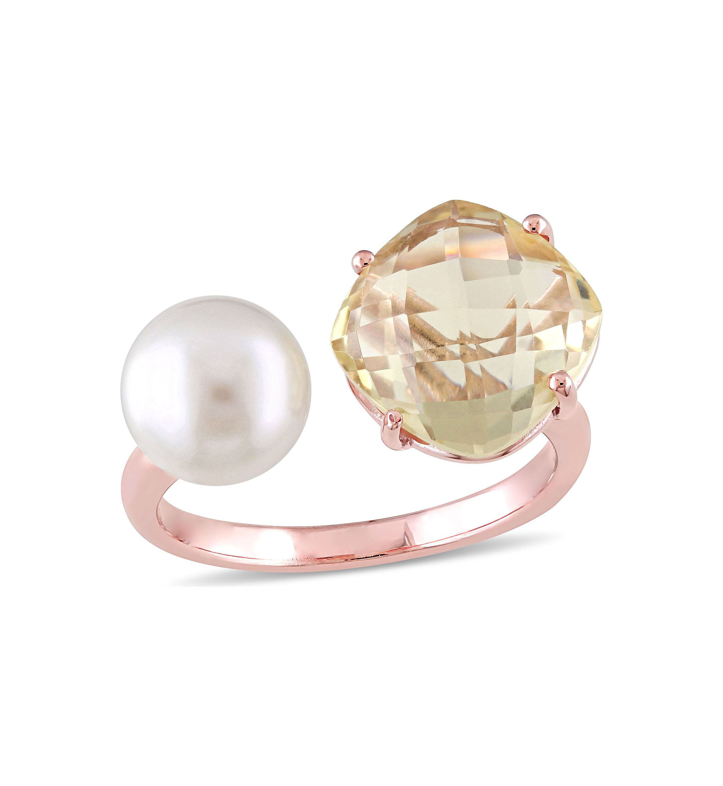 White Cultured Freshwater Pearl and Lemon Quartz Ring in Rose Plated Sterling Silver