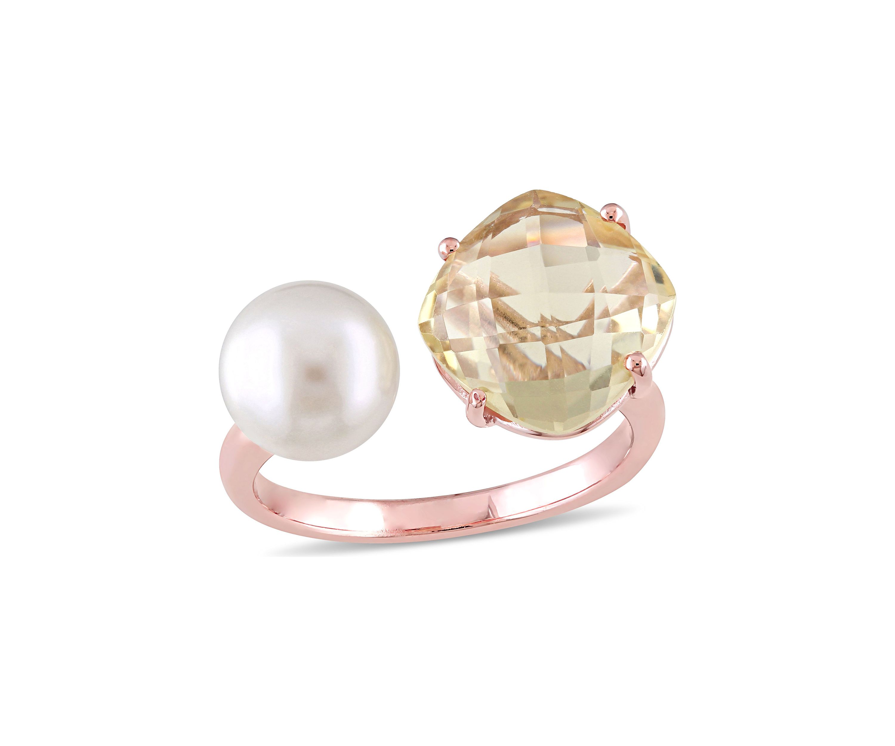 White Cultured Freshwater Pearl and Lemon Quartz Ring in Rose Plated Sterling Silver