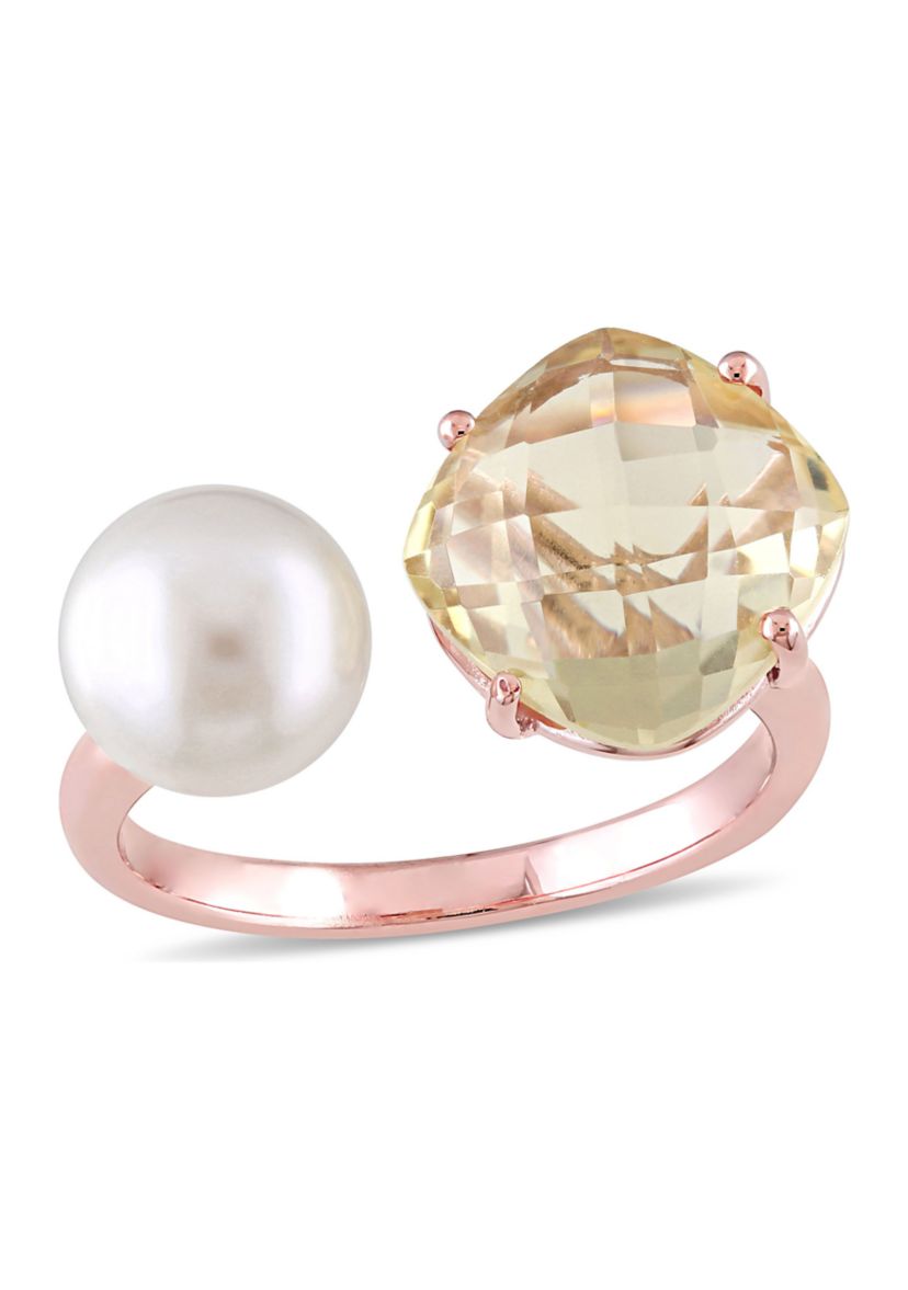 White Cultured Freshwater Pearl and Lemon Quartz Ring in Rose Plated Sterling Silver