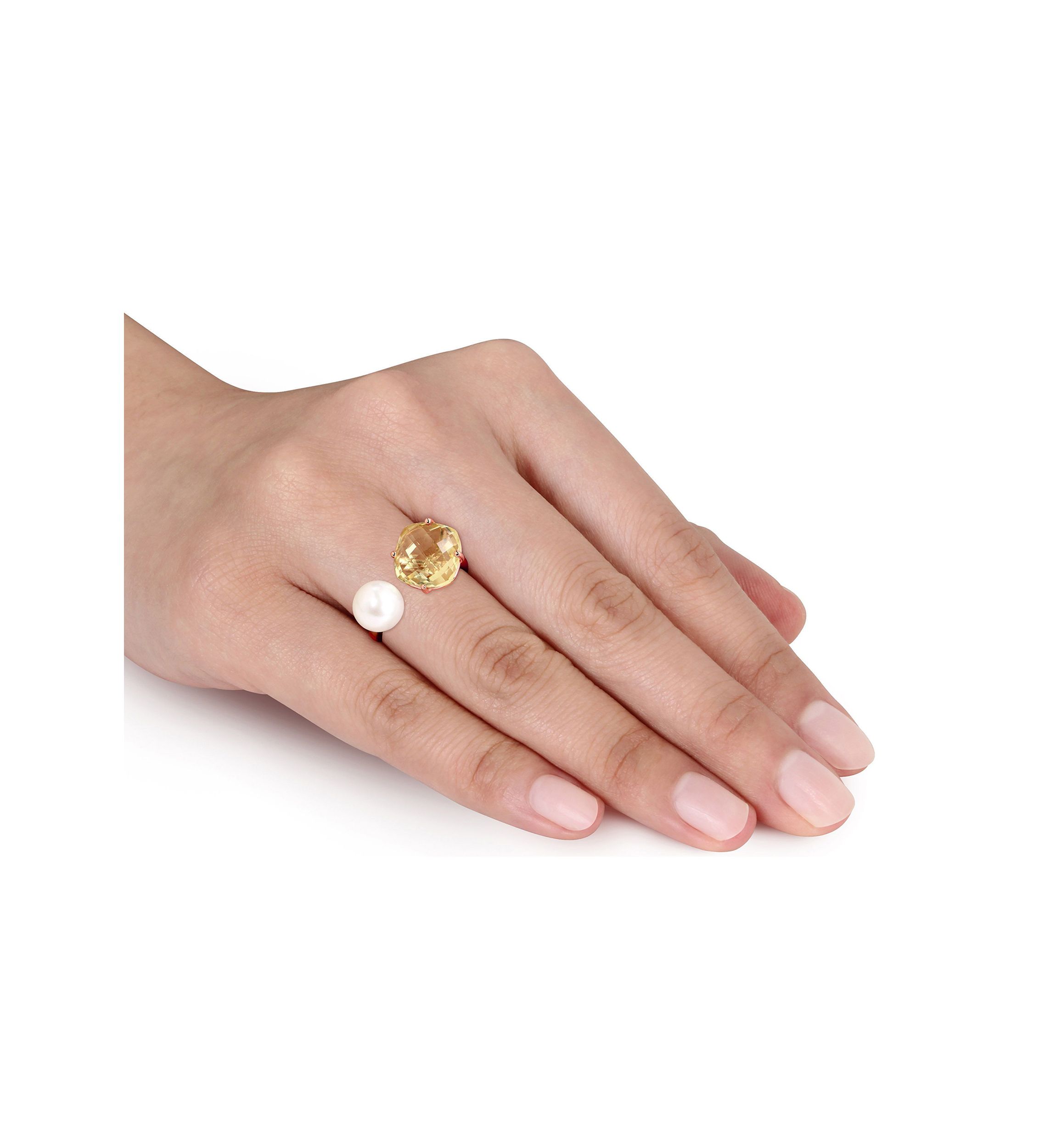 White Cultured Freshwater Pearl and Lemon Quartz Ring in Rose Plated Sterling Silver