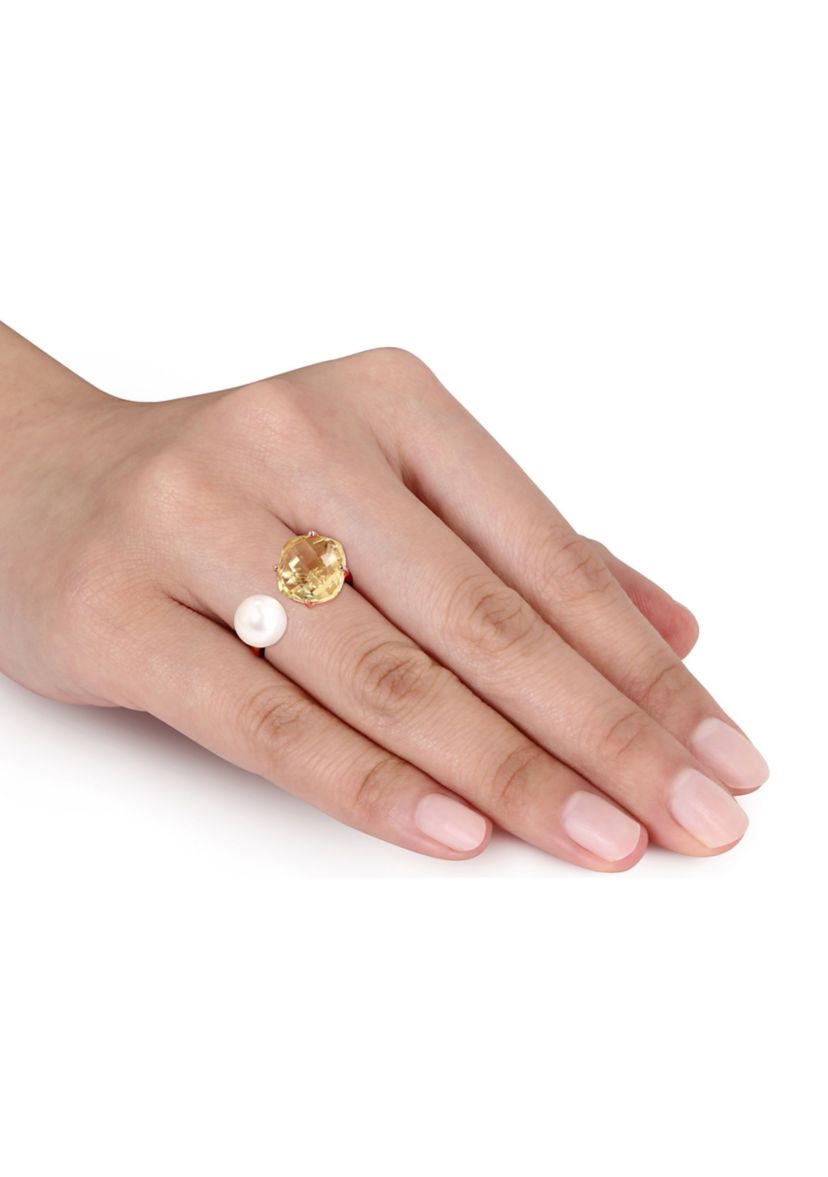 White Cultured Freshwater Pearl and Lemon Quartz Ring in Rose Plated Sterling Silver