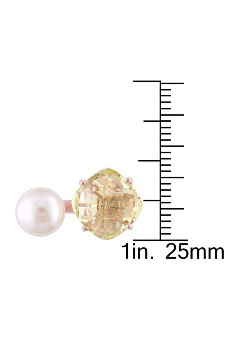 White Cultured Freshwater Pearl and Lemon Quartz Ring in Rose Plated Sterling Silver