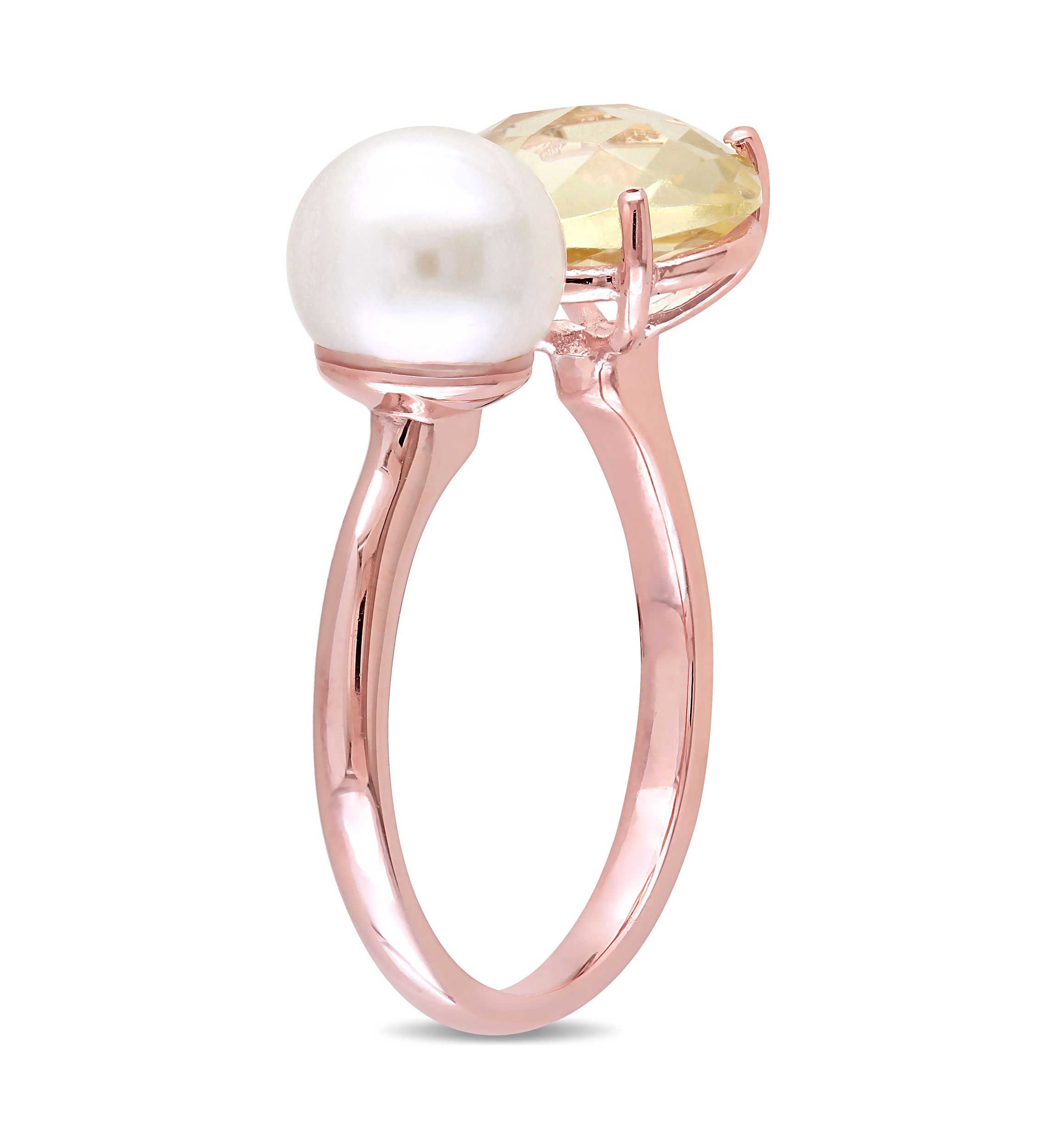 White Cultured Freshwater Pearl and Lemon Quartz Ring in Rose Plated Sterling Silver