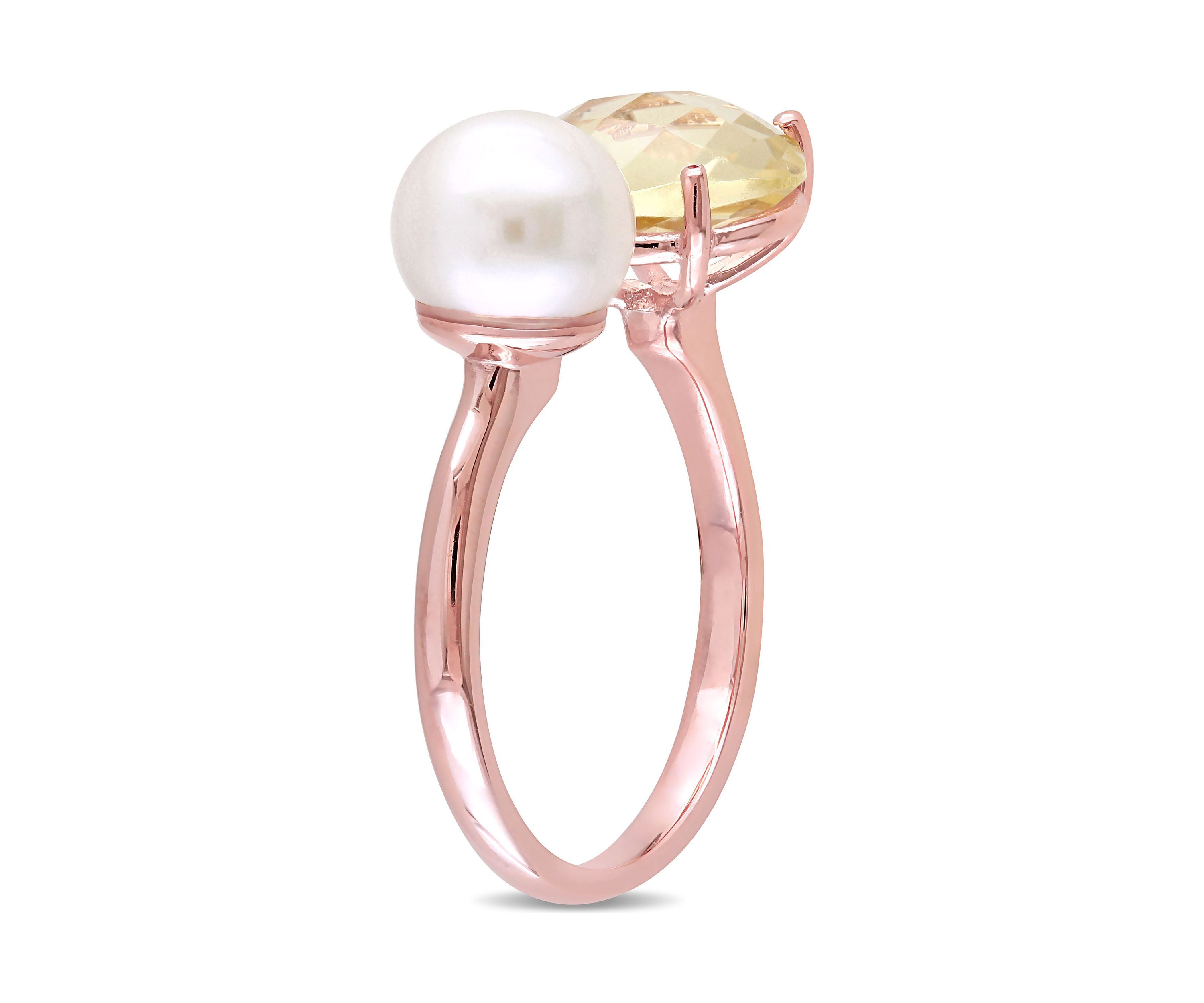 White Cultured Freshwater Pearl and Lemon Quartz Ring in Rose Plated Sterling Silver