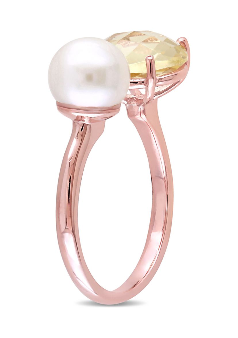 White Cultured Freshwater Pearl and Lemon Quartz Ring in Rose Plated Sterling Silver