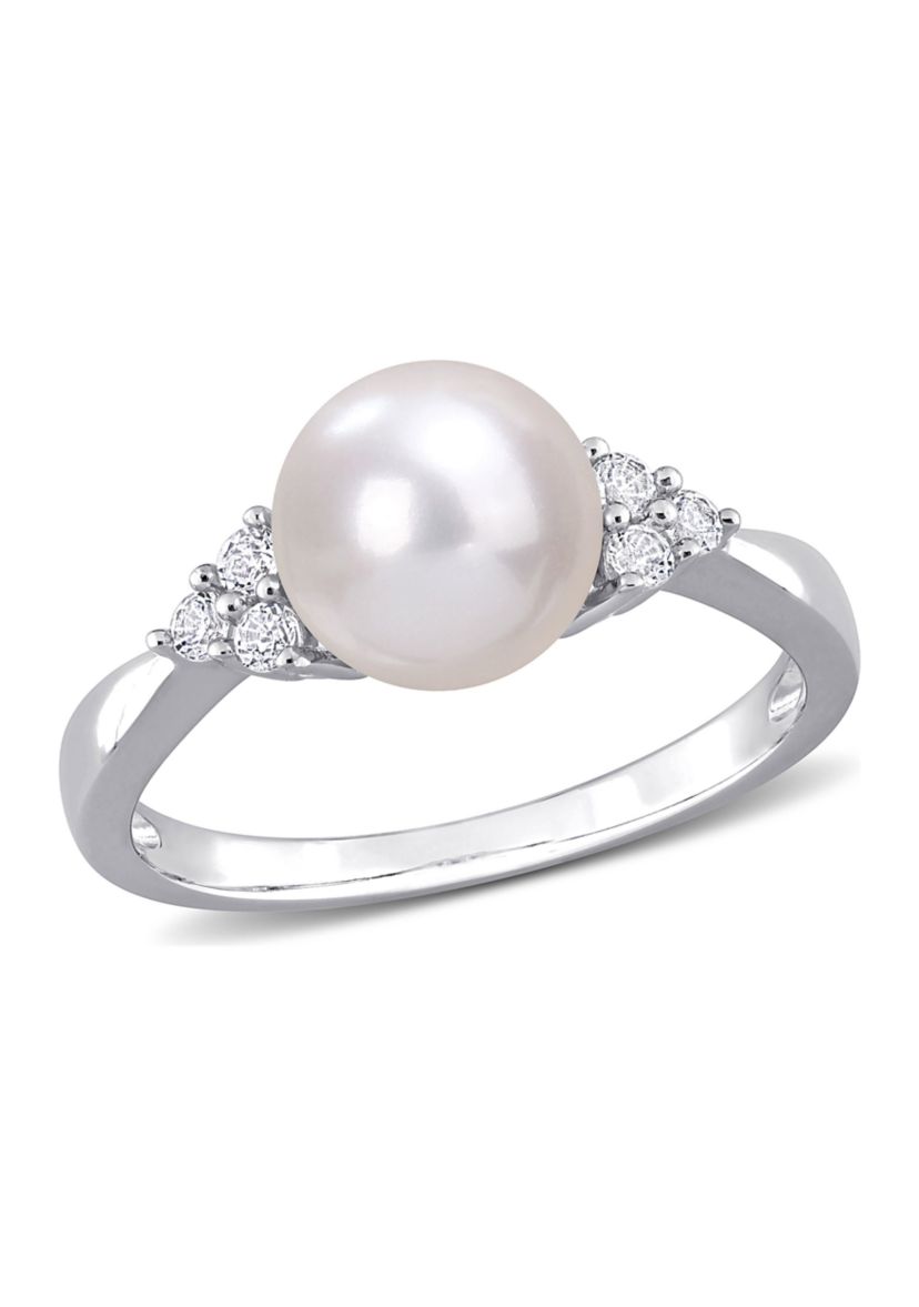 8-8.5mm Cultured Freshwater Pearl and 1/4 CT TGW White Topaz Ring in Sterling Silver
