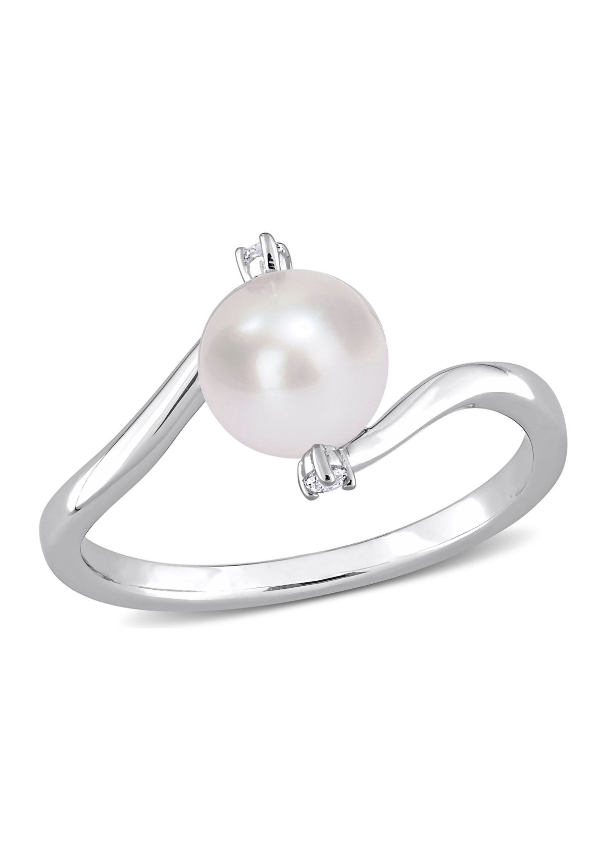Lab Created 7-7.5mm Freshwater Cultured Pearl and Created White Sapphire Bypass Ring in Sterling Silver