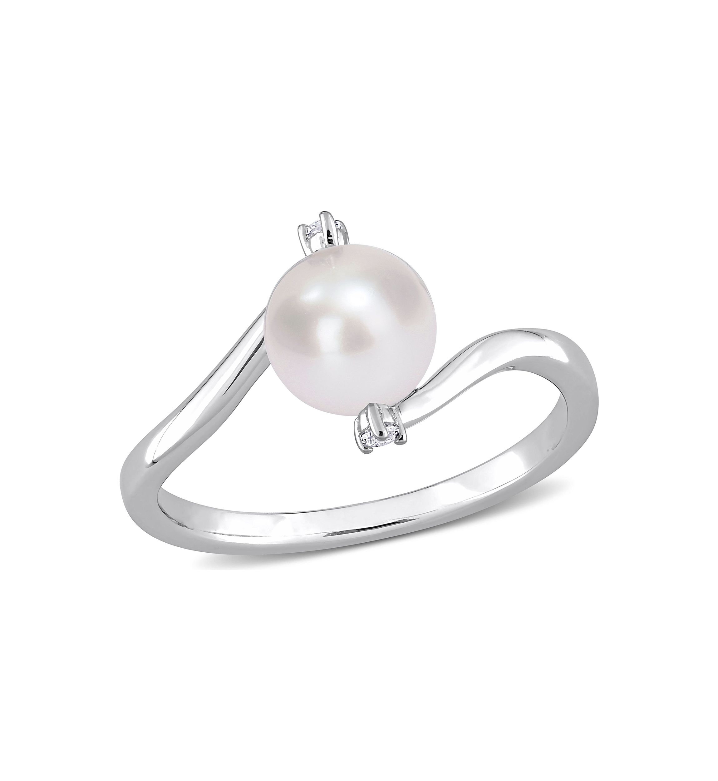 Lab Created 7-7.5mm Freshwater Cultured Pearl and Created White Sapphire Bypass Ring in Sterling Silver