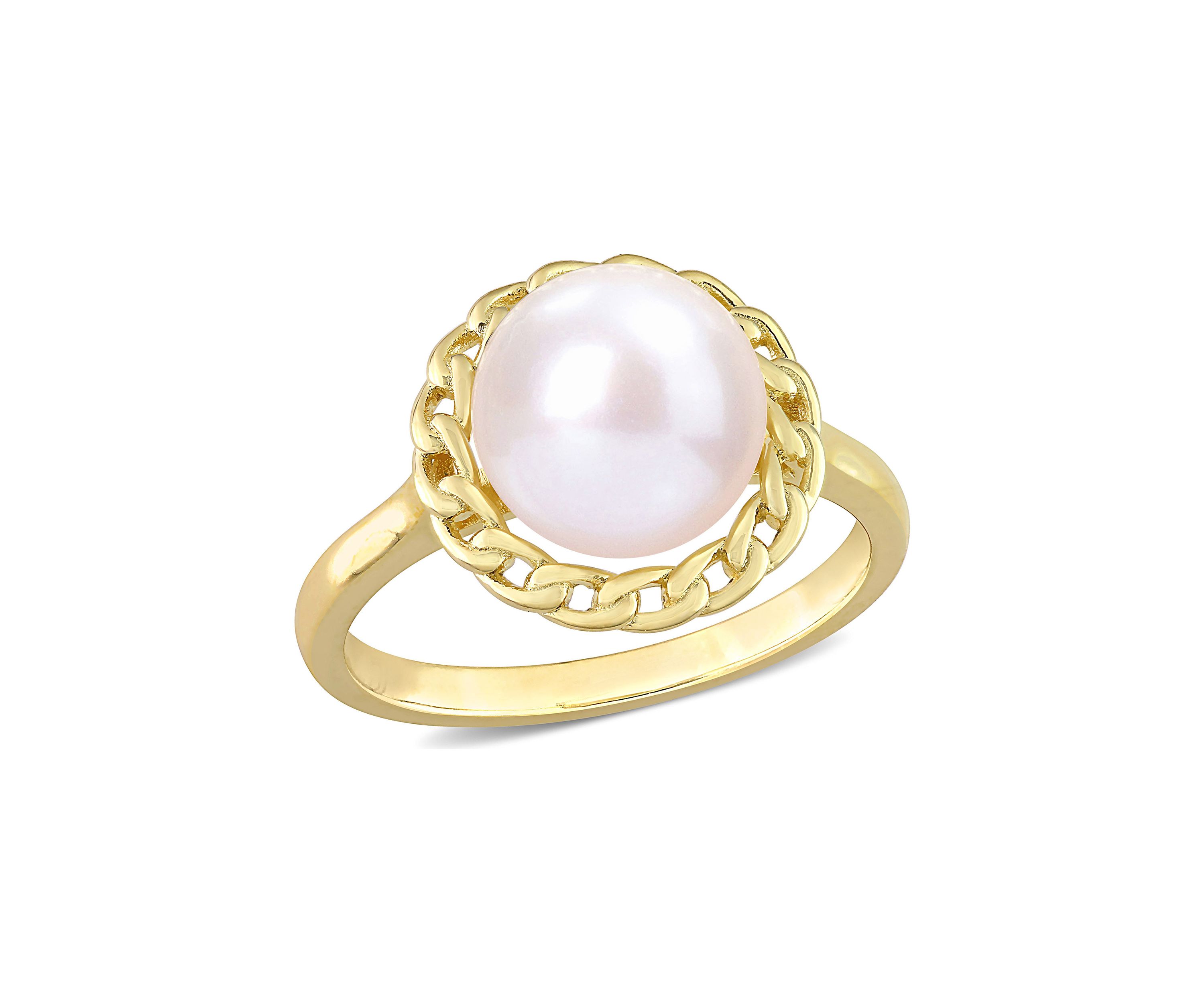 9-9.5mm Cultured Freshwater Pearl Halo Link Ring in Yellow Plated Sterling Silver