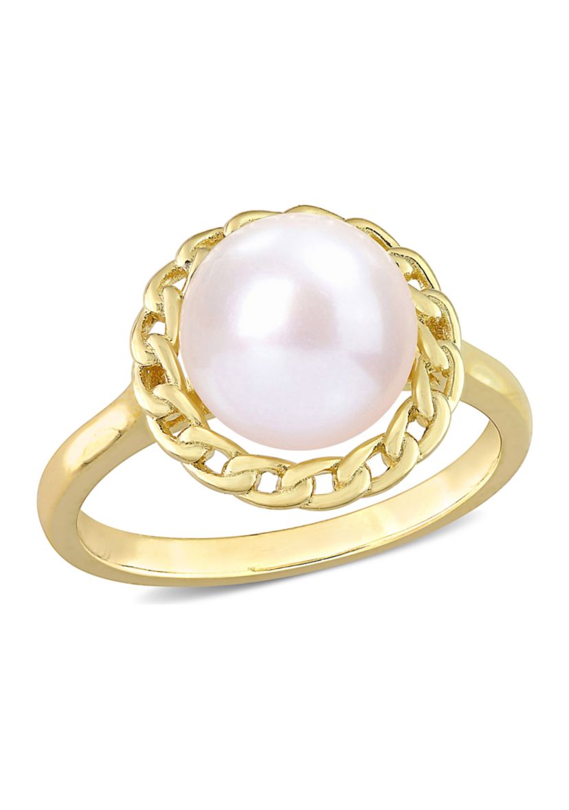 9-9.5mm Cultured Freshwater Pearl Halo Link Ring in Yellow Plated Sterling Silver